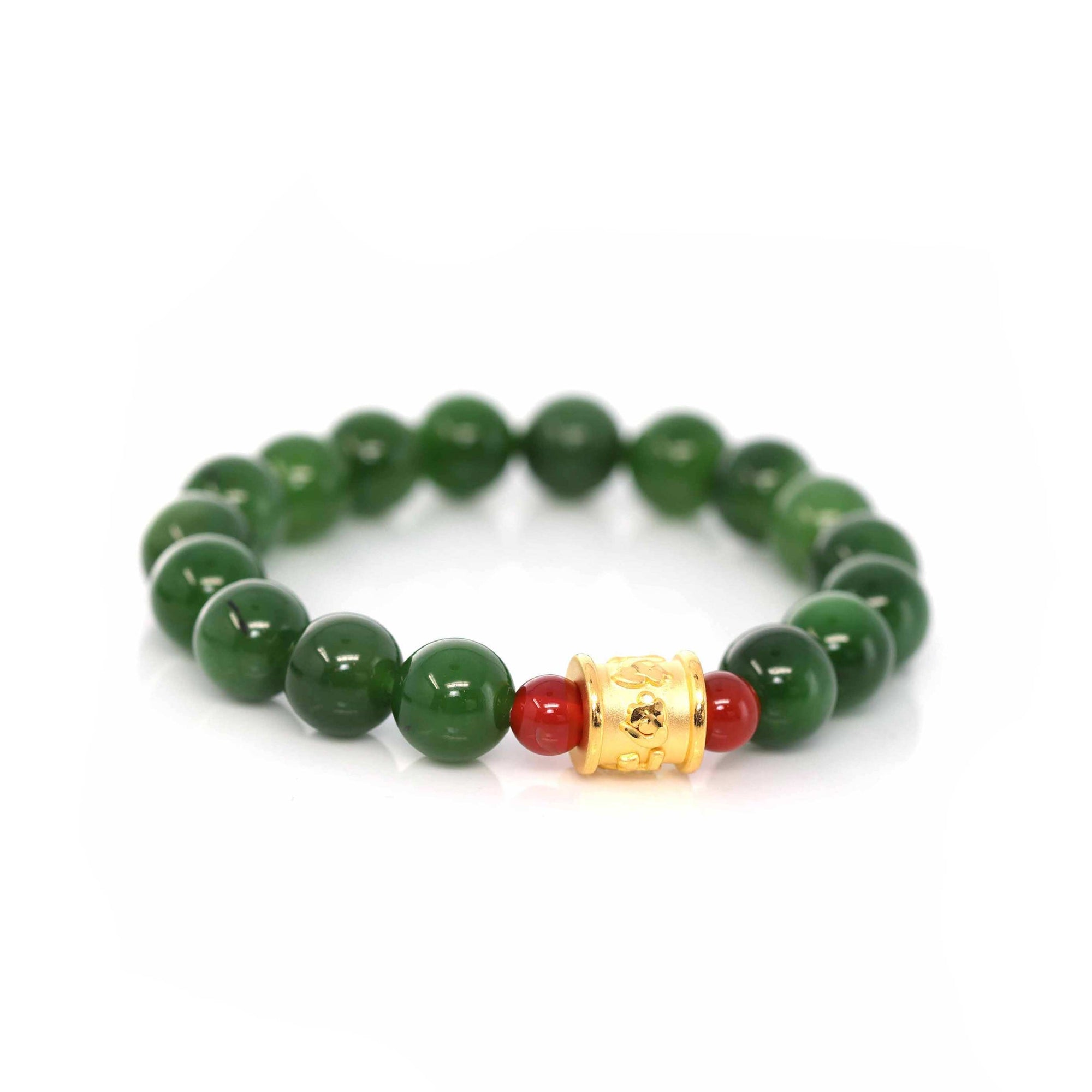 Baikalla Jewelry jade beads bracelet 24K Pure Yellow Gold Buddha Symbol Tongtong With Genuine Green Jade Round Beads Bracelet Bangle ( 9.5 mm )