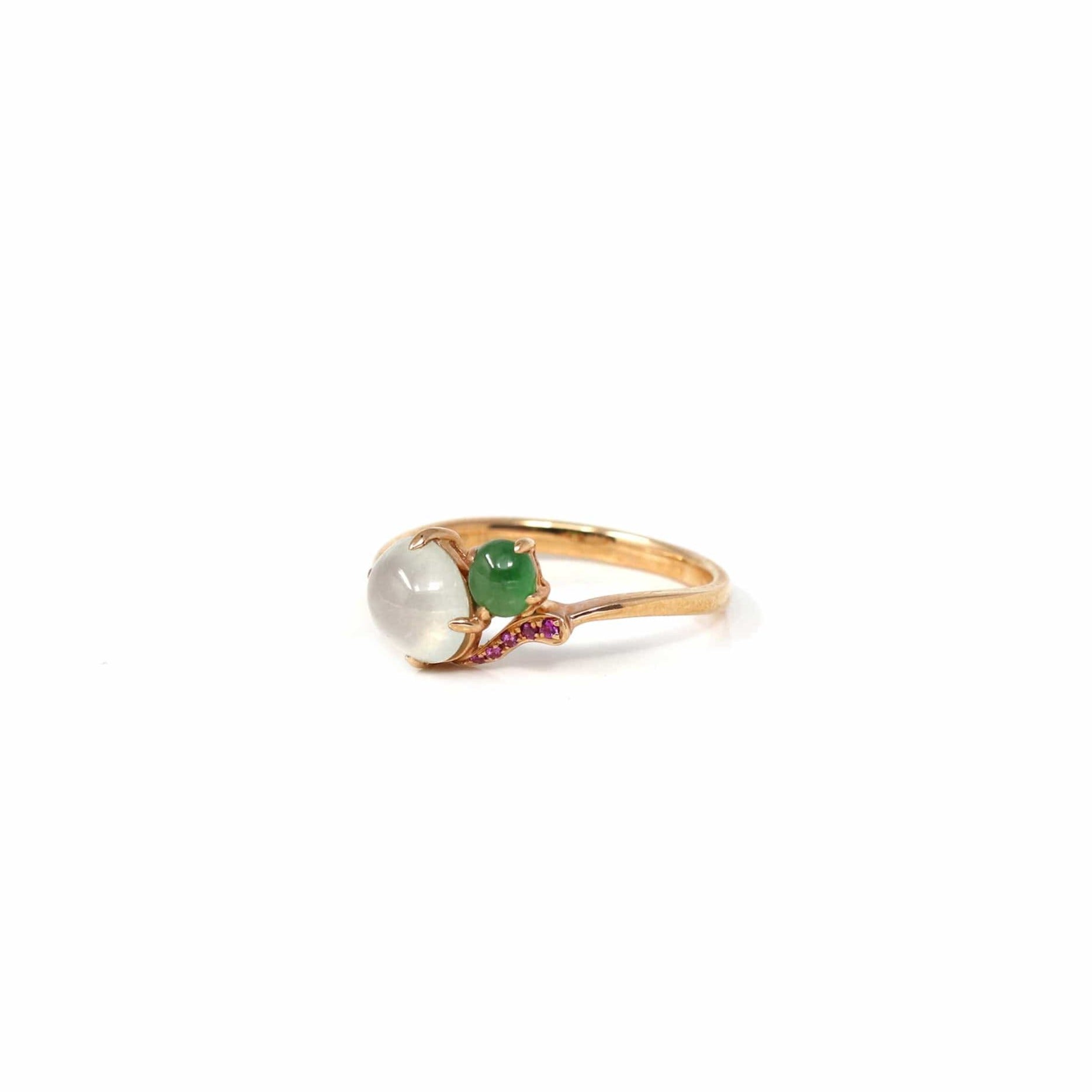 Baikalla Jewelry Jadeite Engagement Ring Baikalla™ &quot;Elora&quot; 18k Rose Gold Natural Ice &amp; Imperial Jadeite Engagement Ring With Rubies &amp; Diamonds