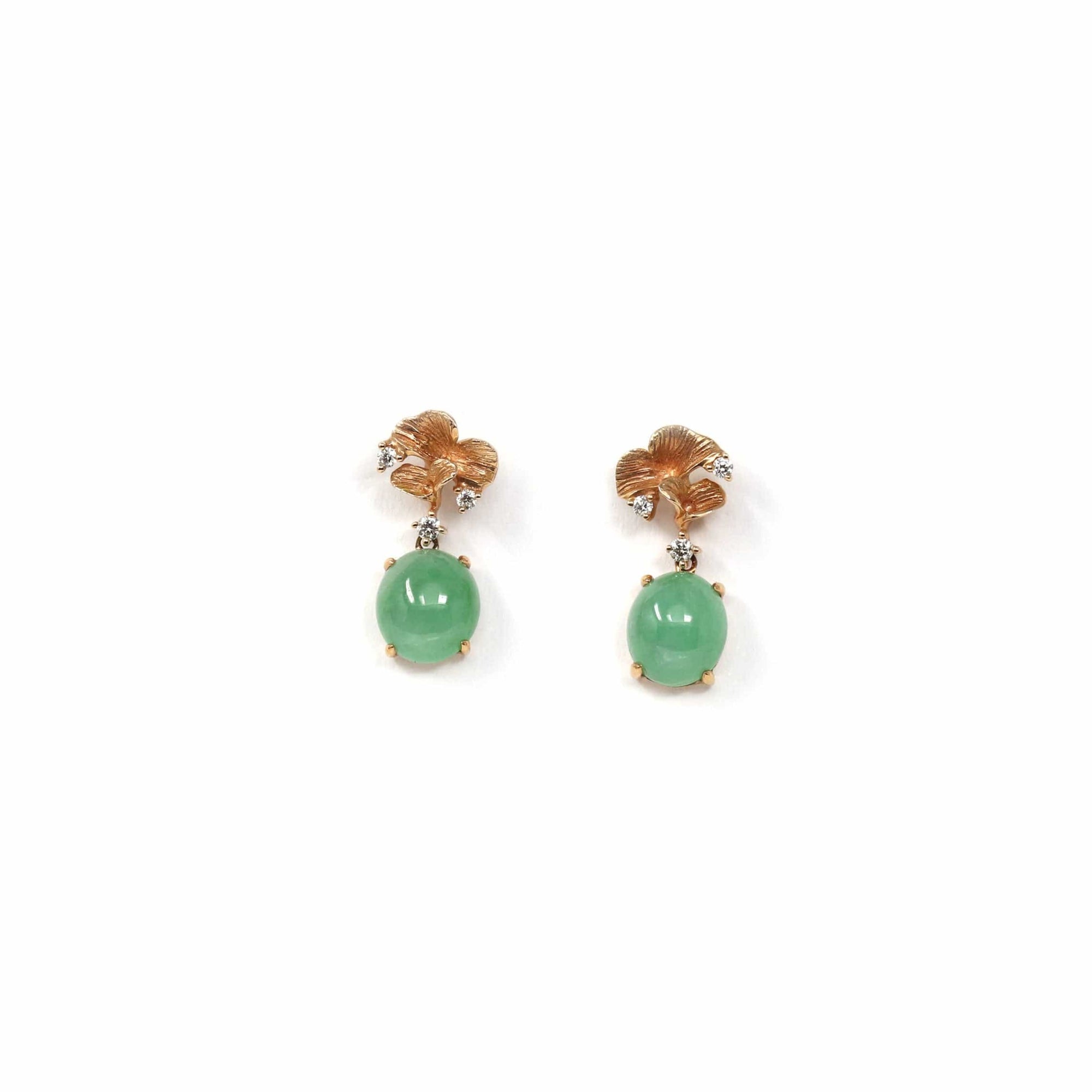 Baikalla Jewelry Gold Jade Earrings 18K Rose Gold "Apricot Blossom" Green Jadeite Jade Dangle Stud Earrings