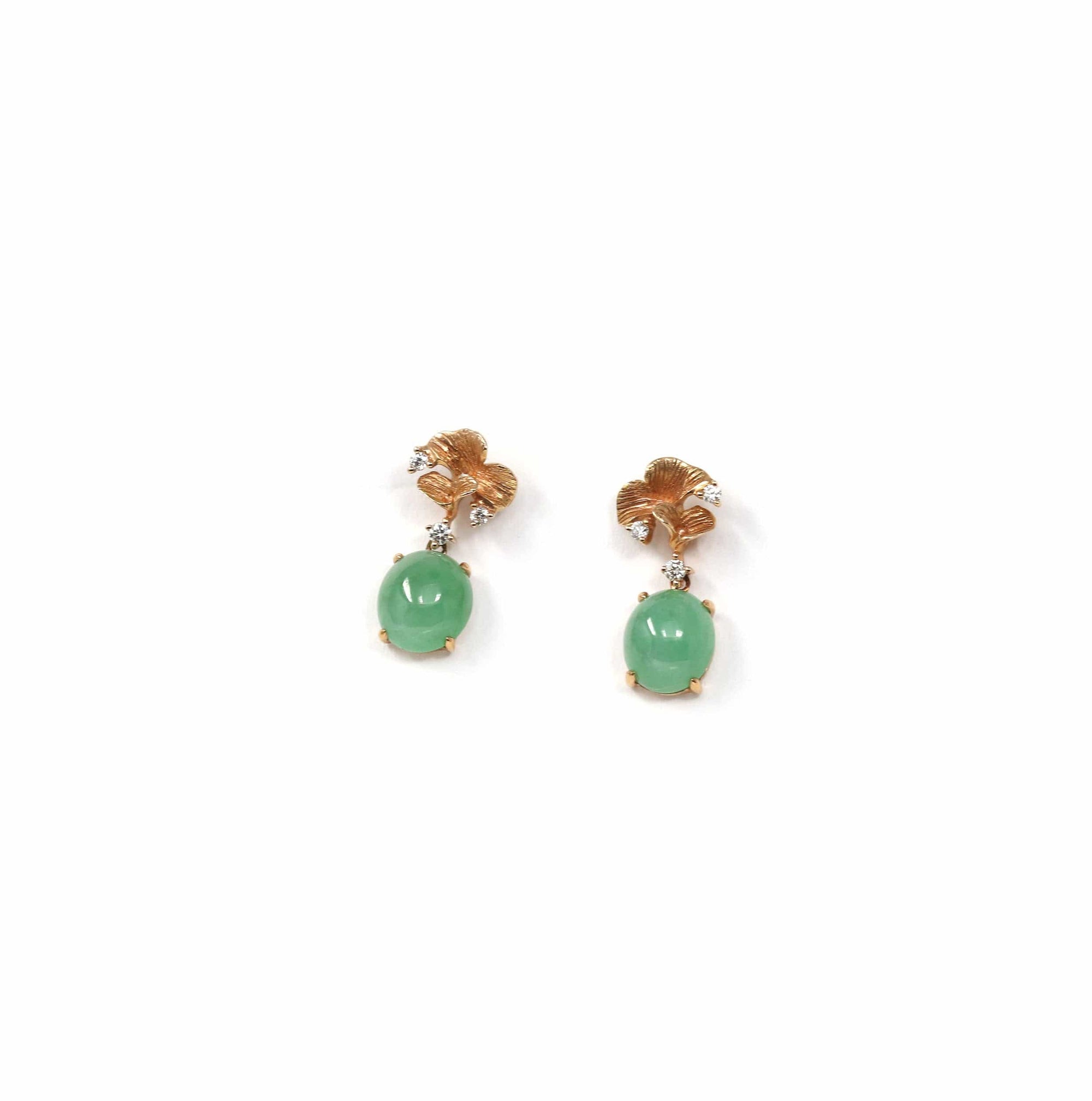 Baikalla Jewelry Gold Jade Earrings Copy of 18K Rose Gold &quot;Apricot Blossom&quot; Green Jadeite Jade Dangle Stud Earrings