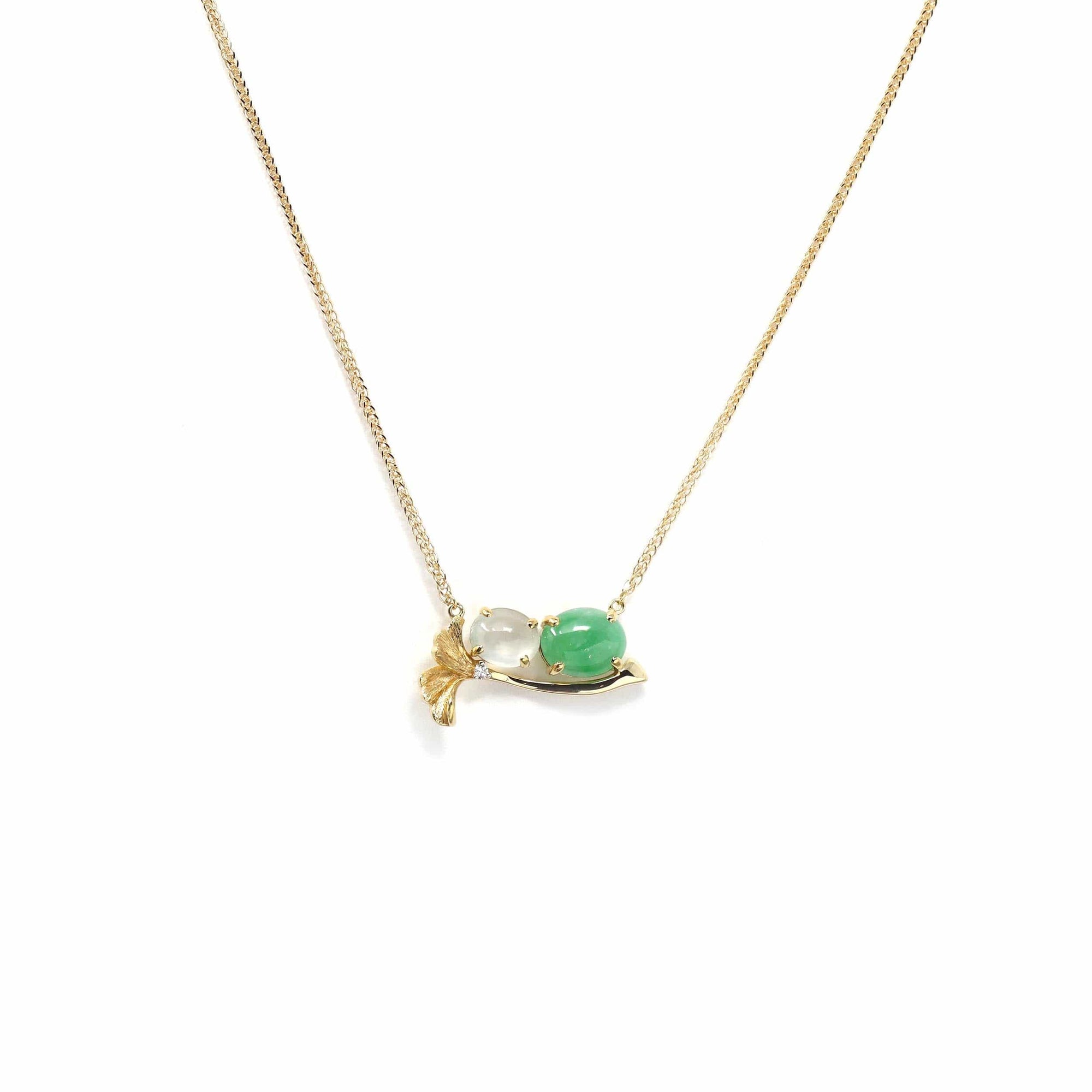 Baikalla Jewelry Gold Jadeite Necklace Copy of 18k Yellow Gold Jadeite Jade Ginkgo Leaf Pendant Necklace with Diamond