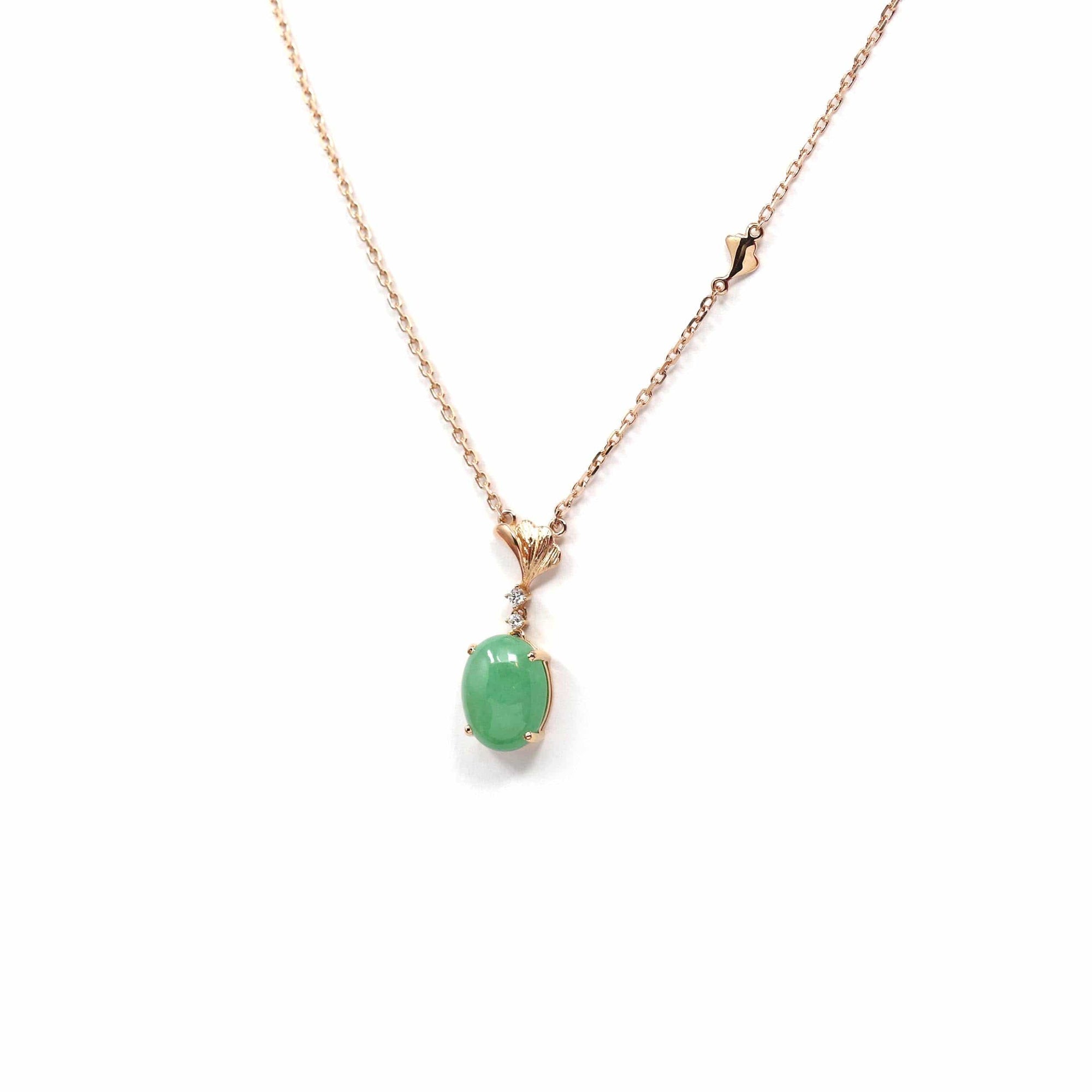 Baikalla Jewelry Gold Jadeite Necklace Copy of Copy of Copy of Copy of 18k Rose Gold Jadeite Jade Diamond Pendant Necklace Ginkgo Leaf