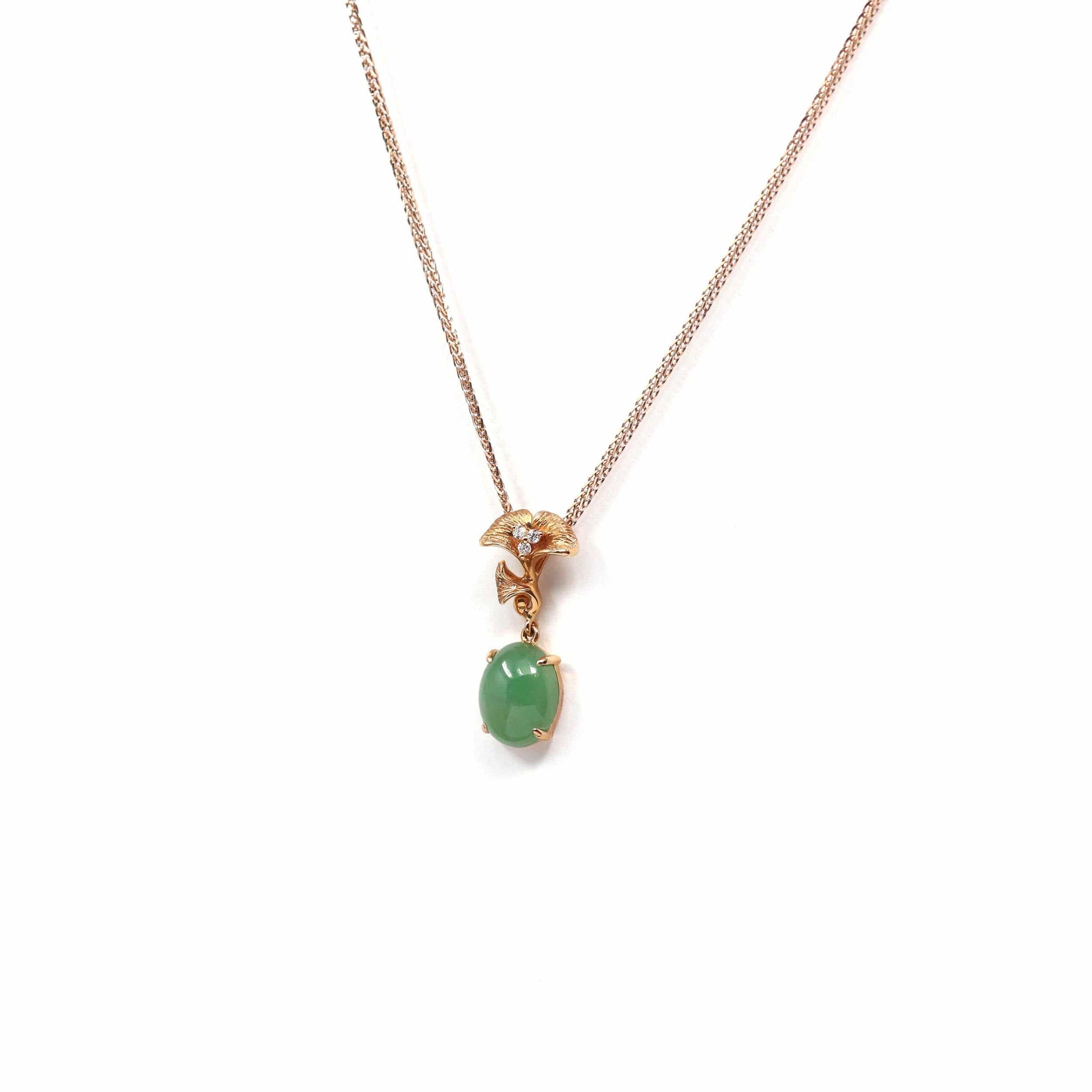 Baikalla Jewelry Gold Jadeite Necklace Copy of Copy of 18k Rose Gold Jadeite Jade Diamond Pendant Necklace Ginkgo Leaf