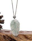 Baikalla Jewelry Jade Guanyin Pendant Necklace Copy of Genuine Ice Jadeite Jade Jin Zhi Yu Ye (Leaf) Necklace With White Gold VSI Diamond Bail