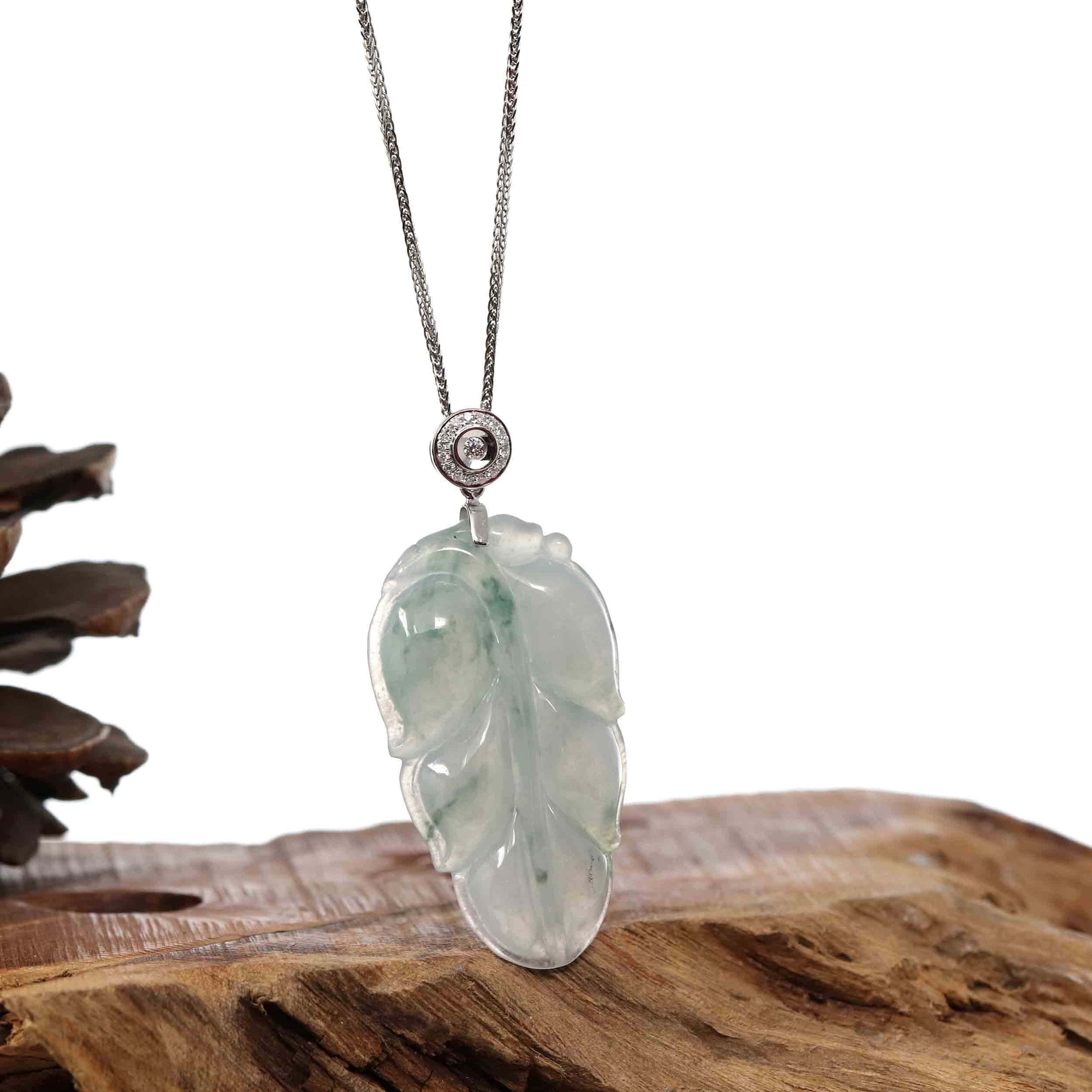 Baikalla Jewelry Jade Guanyin Pendant Necklace Copy of Genuine Ice Jadeite Jade Jin Zhi Yu Ye (Leaf) Necklace With White Gold VSI Diamond Bail