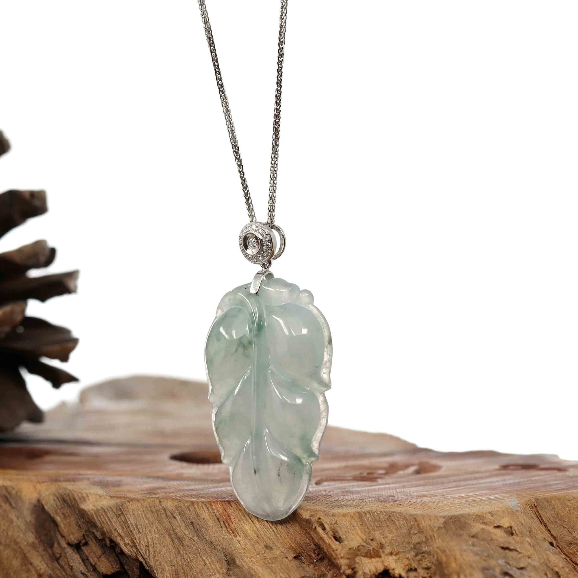 Baikalla Jewelry Jade Guanyin Pendant Necklace Copy of Genuine Ice Jadeite Jade Jin Zhi Yu Ye (Leaf) Necklace With White Gold VSI Diamond Bail