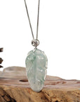 Baikalla Jewelry Jade Guanyin Pendant Necklace Copy of Genuine Ice Jadeite Jade Jin Zhi Yu Ye (Leaf) Necklace With White Gold VSI Diamond Bail