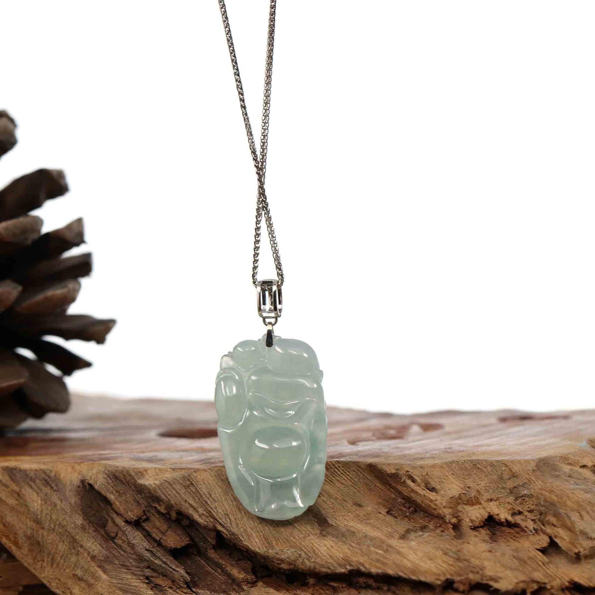 Baikalla Jewelry Jade Buddha Pendant Copy of Baikalla™ "Laughing Buddha" Genuine Vibrant Green Jadeite Buddha Pendant Necklace With 14k White Gold Diamond  Bail