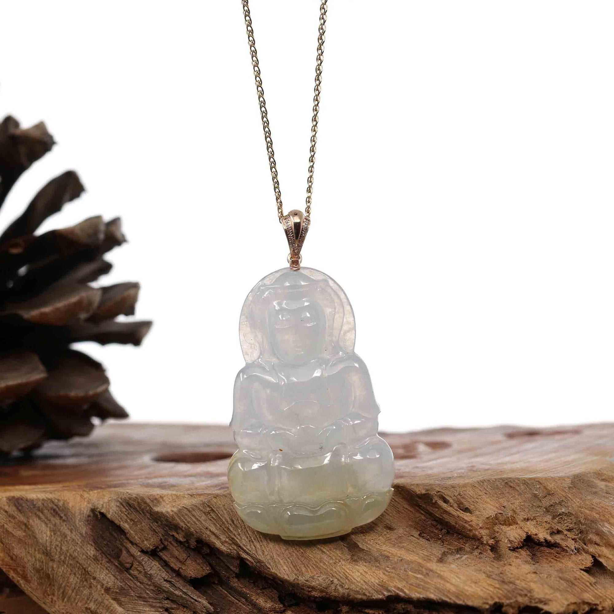 Baikalla Jewelry Jade Guanyin Pendant Necklace Copy of "Goddess of Compassion" 14k Yellow Gold Genuine Burmese Jadeite Jade Guanyin Necklace With Good Luck Design