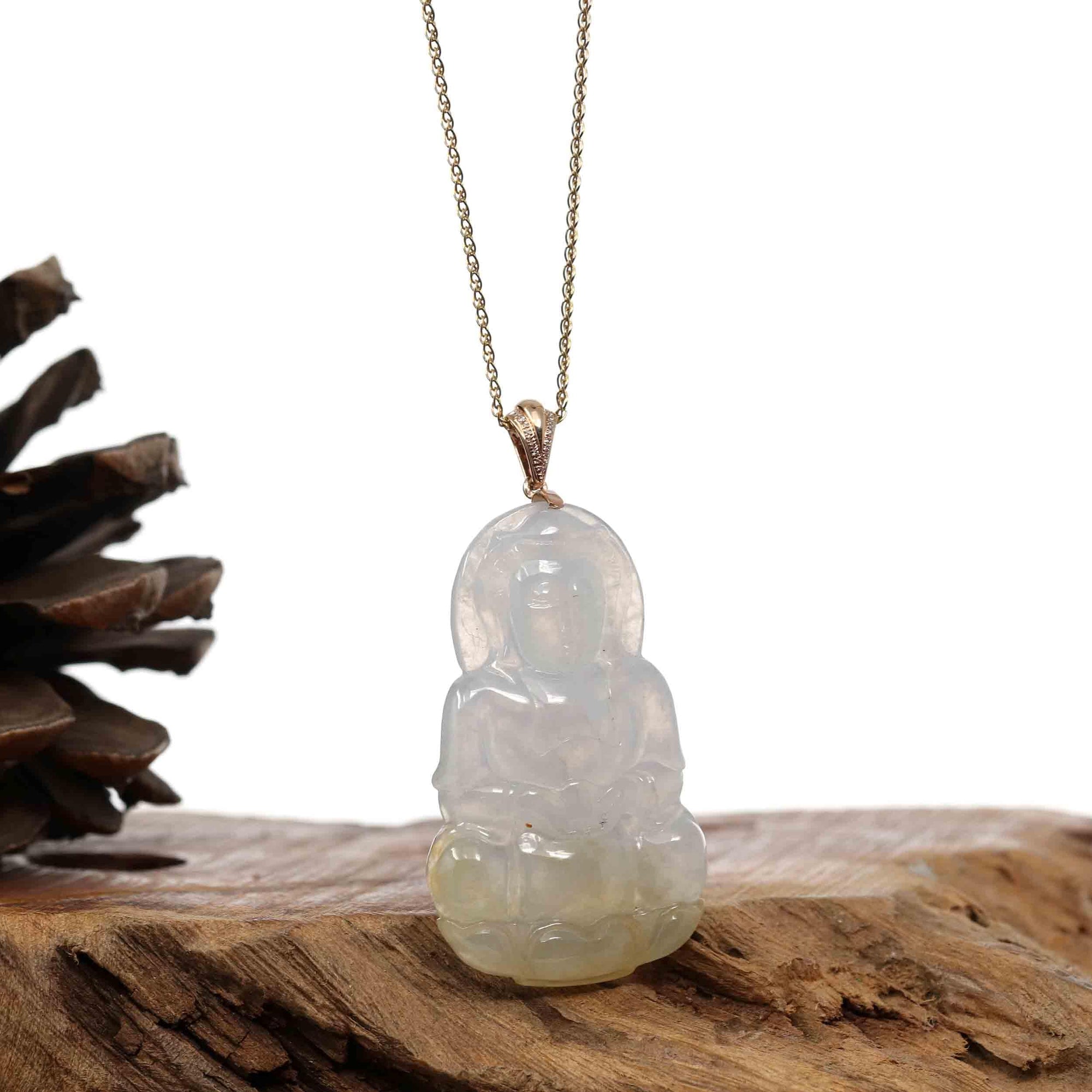 Baikalla Jewelry Jade Guanyin Pendant Necklace Copy of "Goddess of Compassion" 14k Yellow Gold Genuine Burmese Jadeite Jade Guanyin Necklace With Good Luck Design