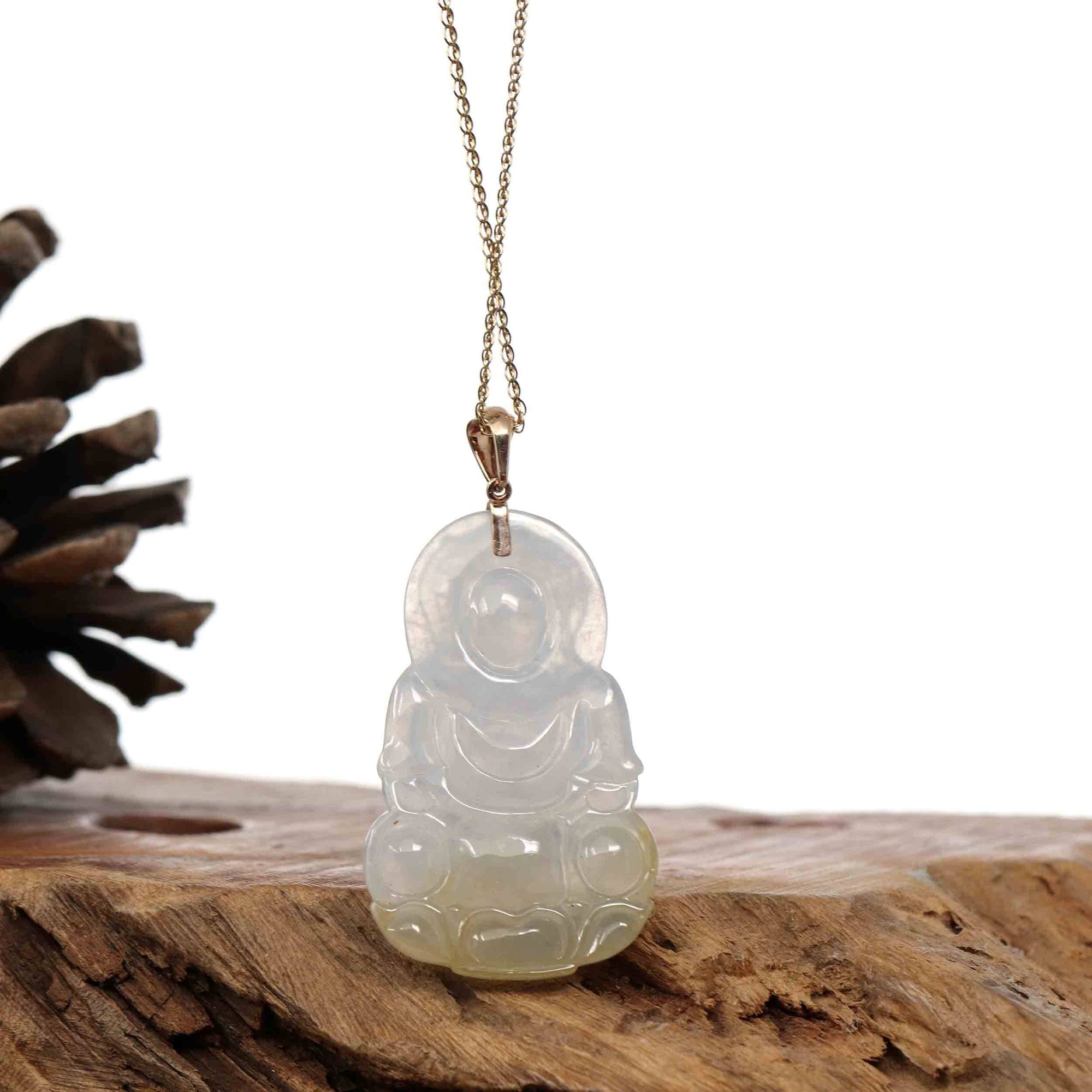 Baikalla Jewelry Jade Guanyin Pendant Necklace Copy of "Goddess of Compassion" 14k Yellow Gold Genuine Burmese Jadeite Jade Guanyin Necklace With Good Luck Design