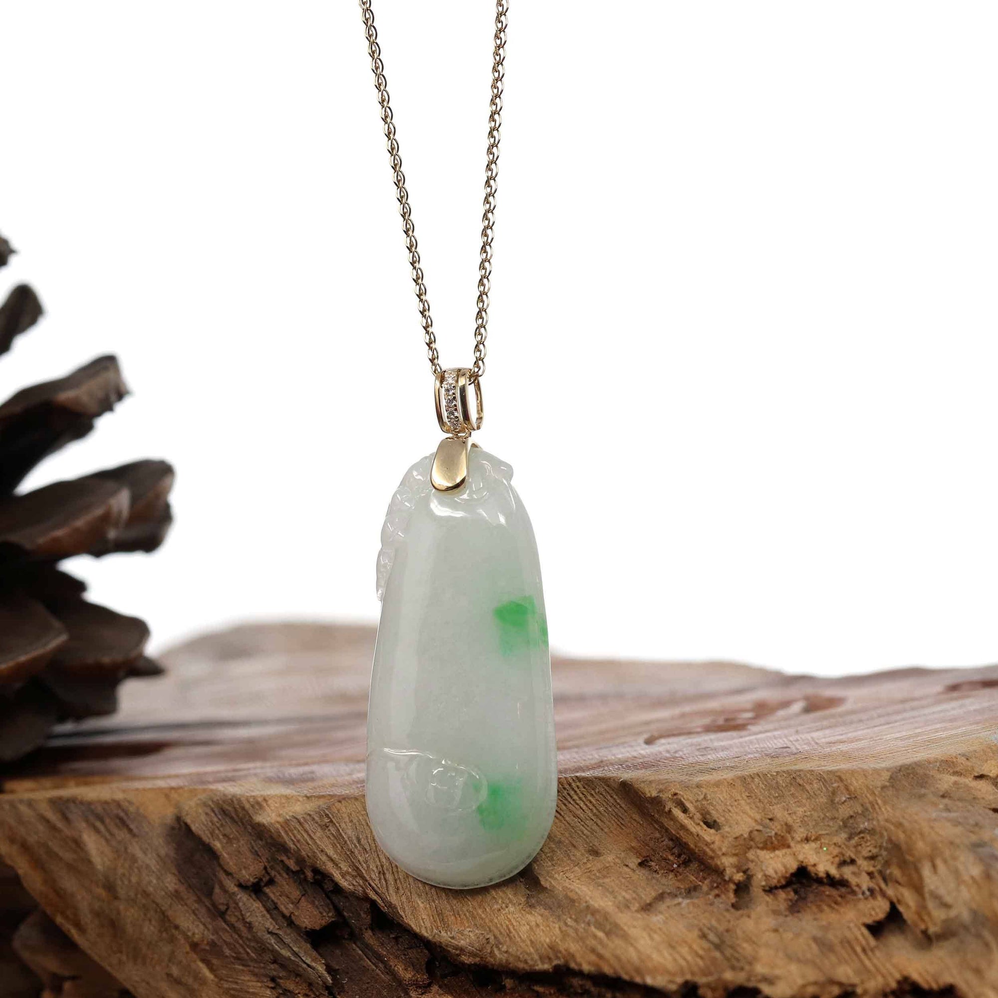 Baikalla Jewelry Jade Pendant Copy of Natural Jadeite &quot;Longevity Peach&quot; ShouTao Necklace With 14k Yellow Gold Diamond Bail