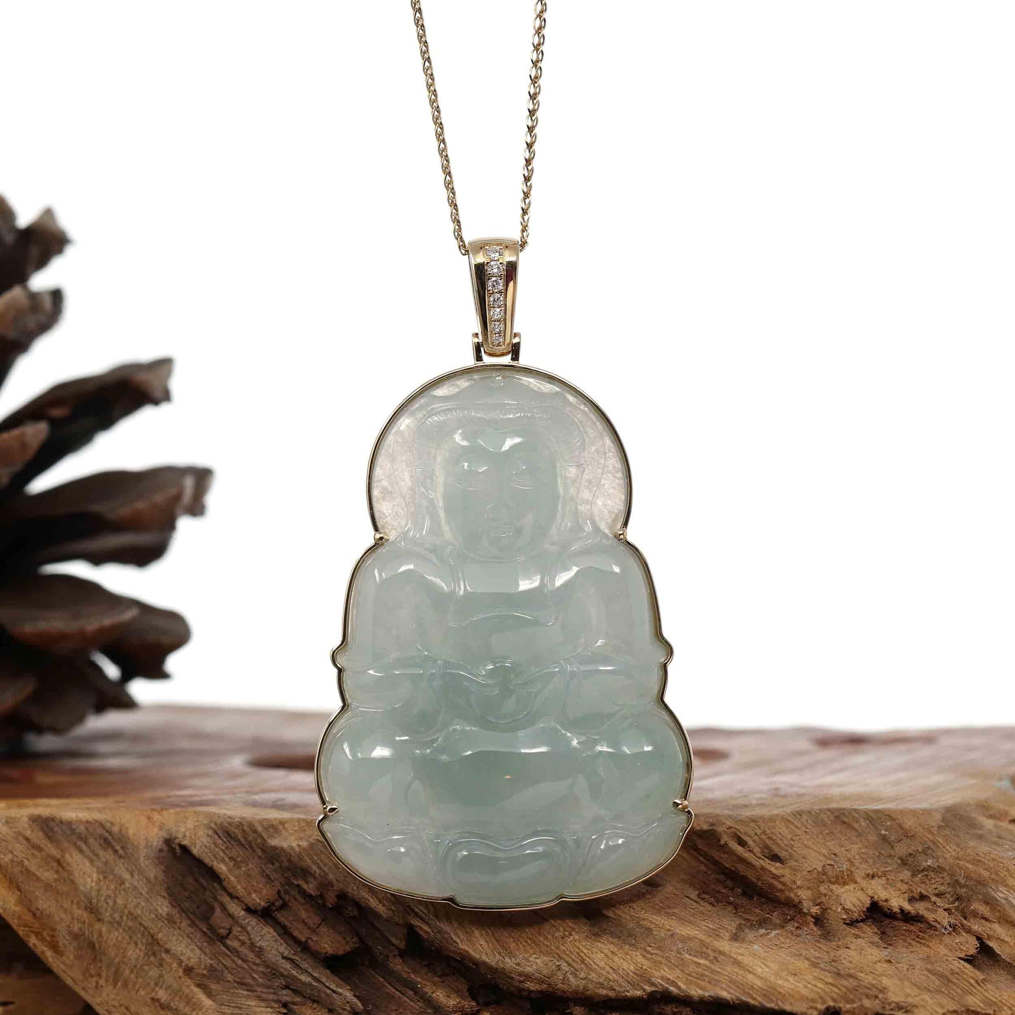 Baikalla Jewelry Jade Guanyin Pendant Necklace Copy of &quot;Goddess of Compassion&quot; 14k Yellow Gold Genuine Burmese Jadeite Jade Guanyin Necklace With Good Luck Design