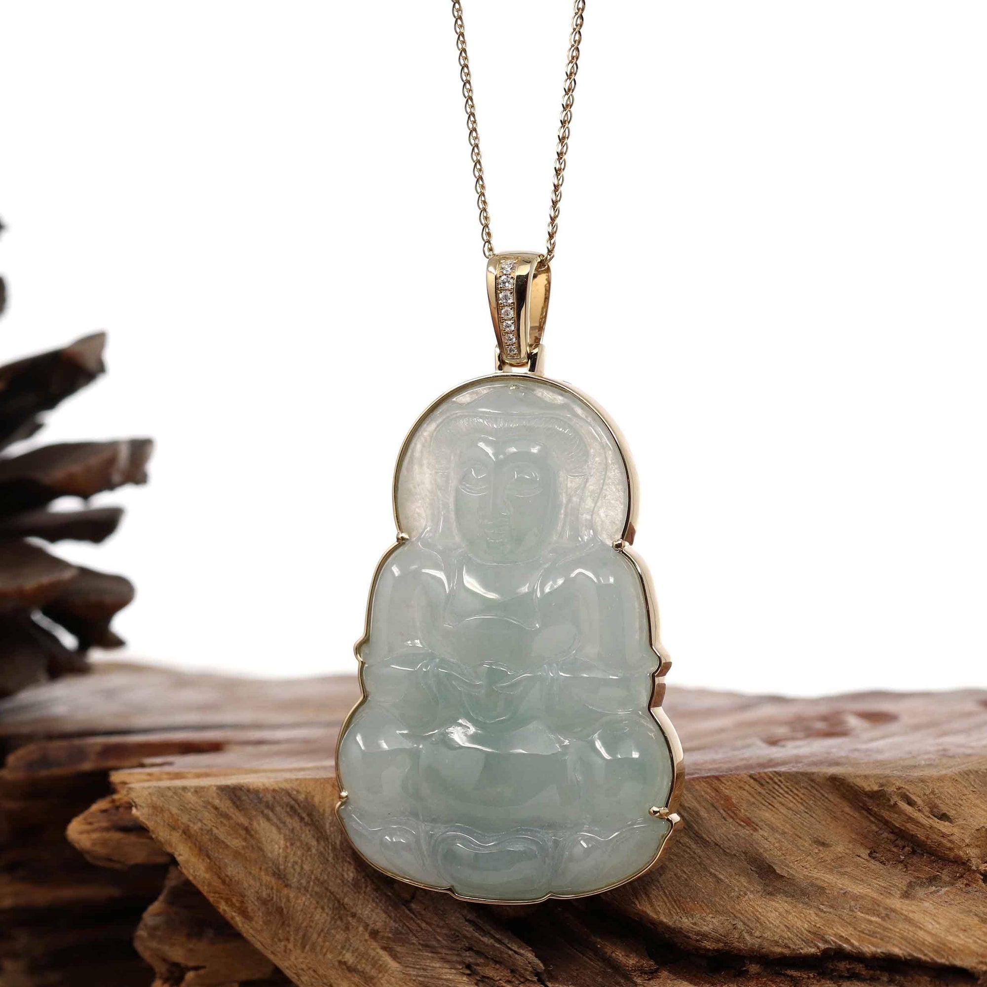 Baikalla Jewelry Jade Guanyin Pendant Necklace Copy of "Goddess of Compassion" 14k Yellow Gold Genuine Burmese Jadeite Jade Guanyin Necklace With Good Luck Design