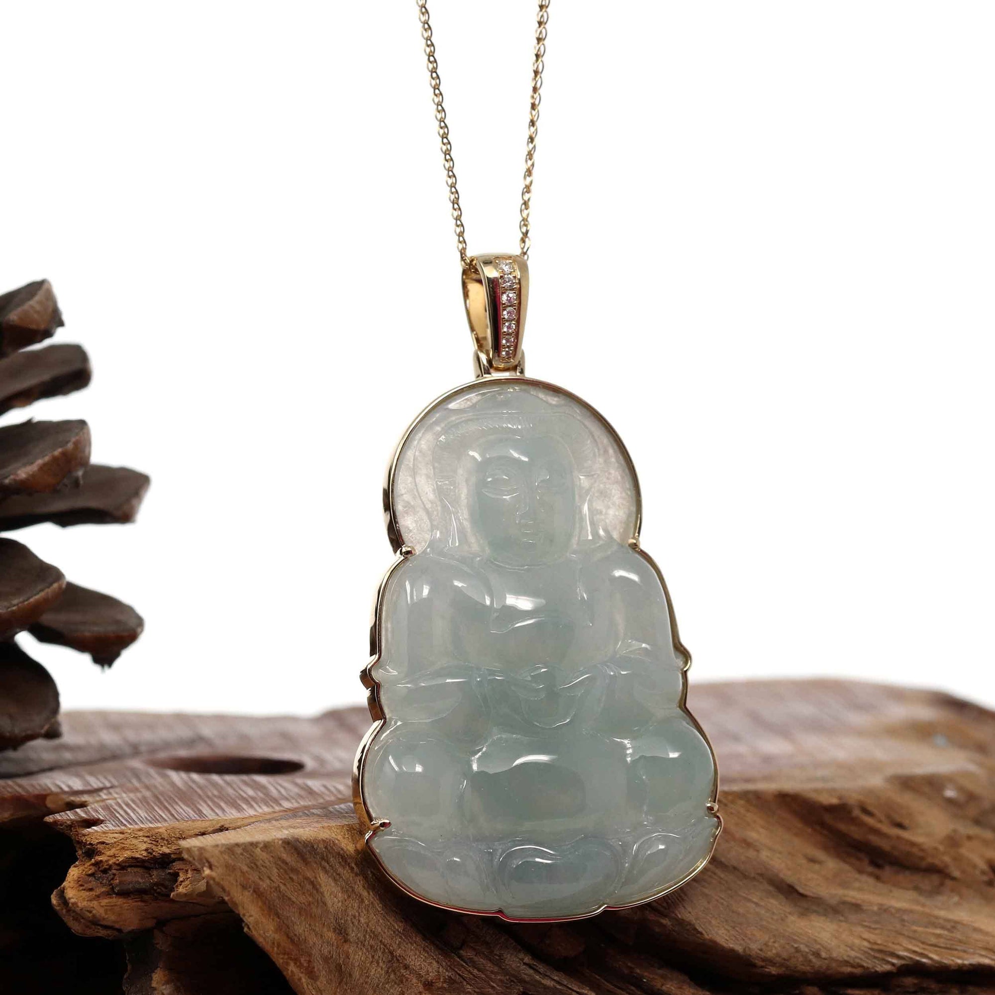 Baikalla Jewelry Jade Guanyin Pendant Necklace Copy of &quot;Goddess of Compassion&quot; 14k Yellow Gold Genuine Burmese Jadeite Jade Guanyin Necklace With Good Luck Design