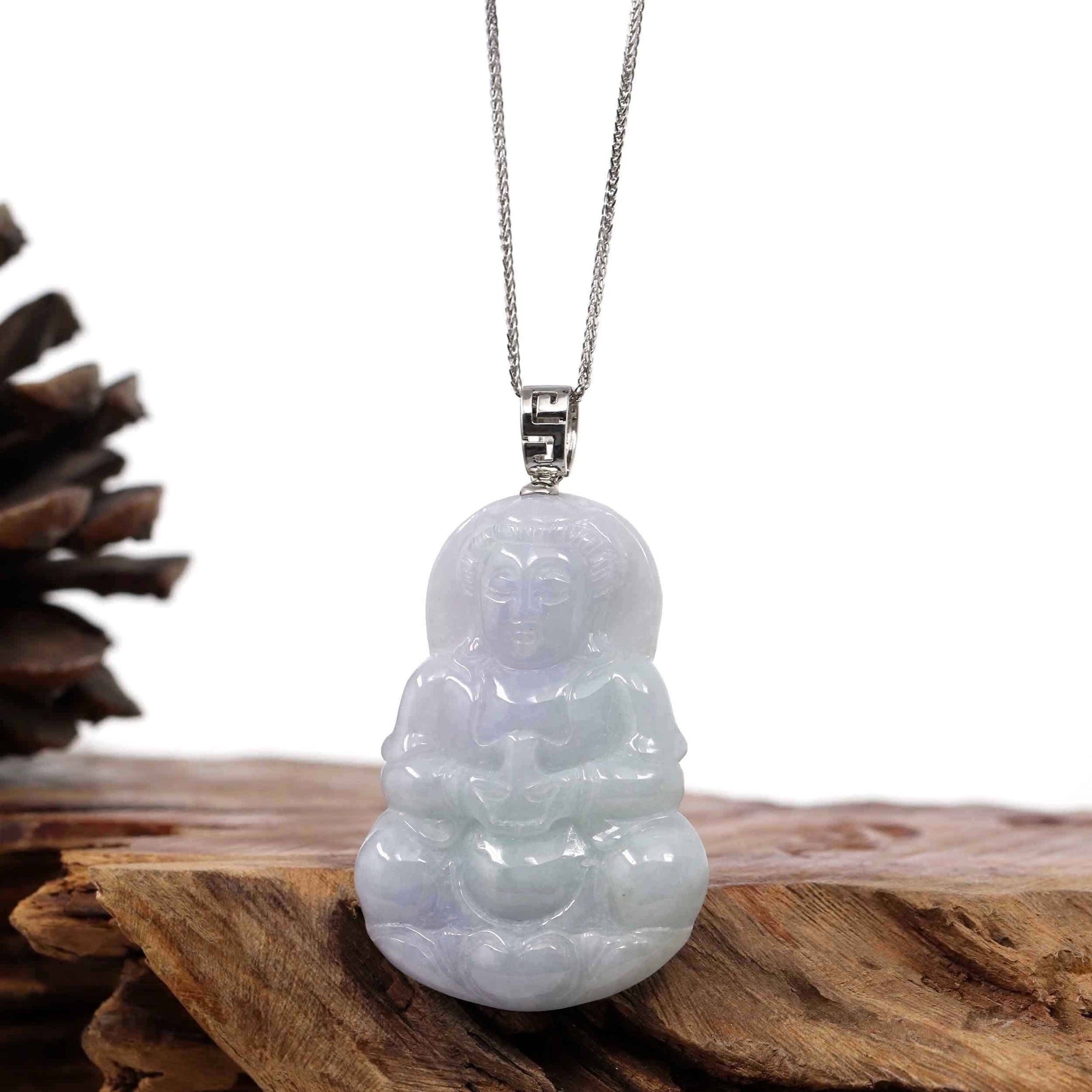 Baikalla Jewelry Jade Guanyin Pendant Necklace Copy of "Goddess of Compassion" Sterling Silver Genuine Burmese Jadeite Jade Guanyin Necklace With Good Luck Design