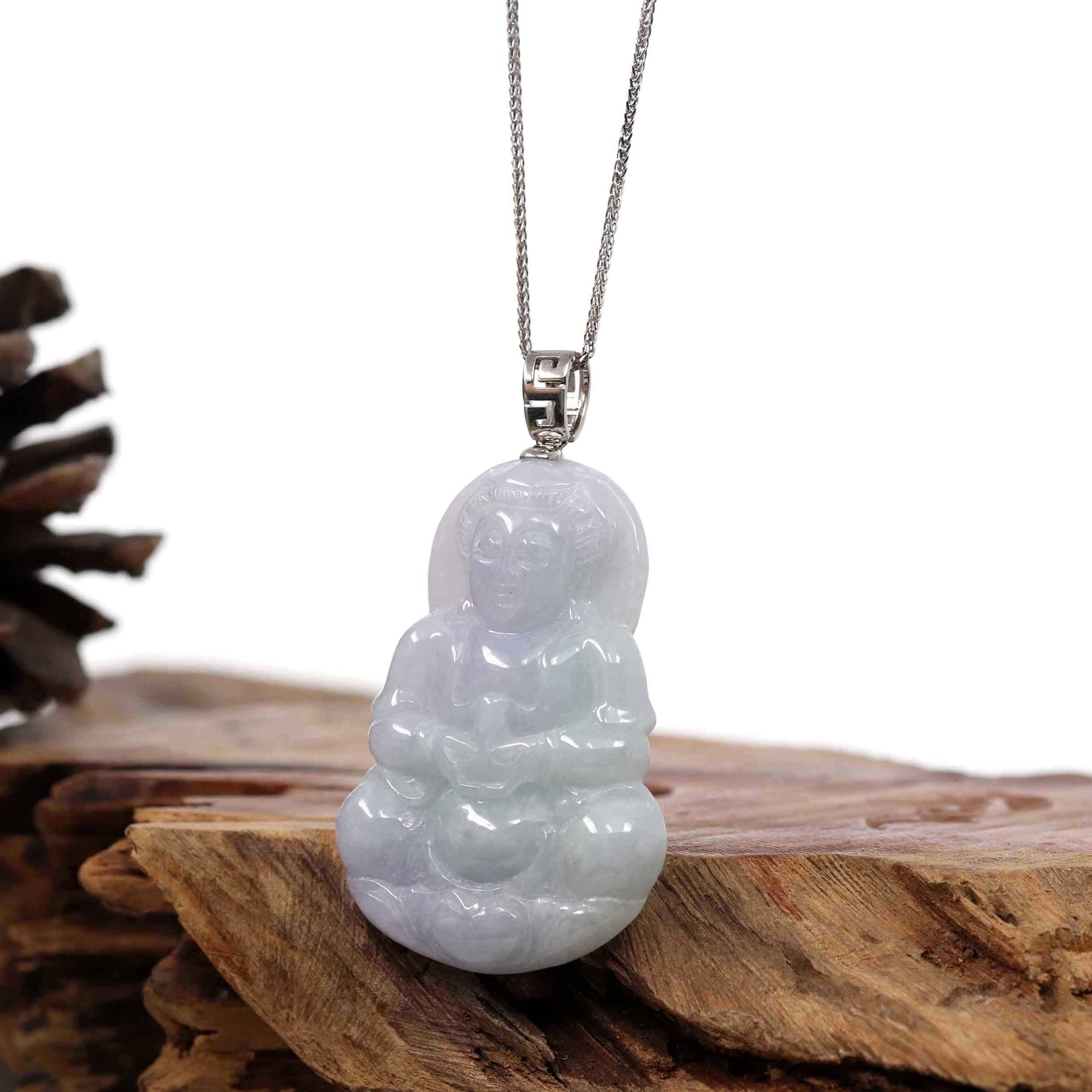 Baikalla Jewelry Jade Guanyin Pendant Necklace Copy of &quot;Goddess of Compassion&quot; Sterling Silver Genuine Burmese Jadeite Jade Guanyin Necklace With Good Luck Design