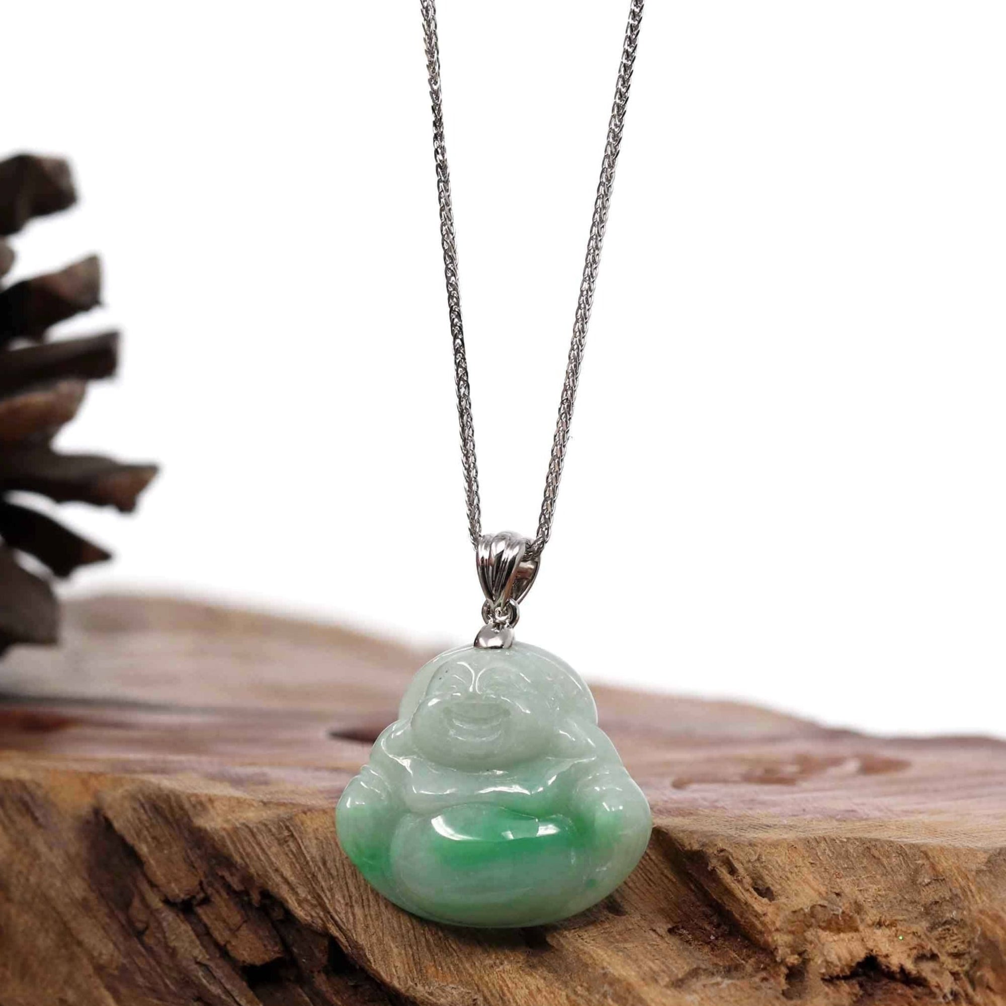 Baikalla Jewelry Jade Buddha Pendant Copy of Copy of "Laughing Buddha" Genuine Vibrant Green Jadeite Buddha Pendant Necklace With Sterling Silver Bail