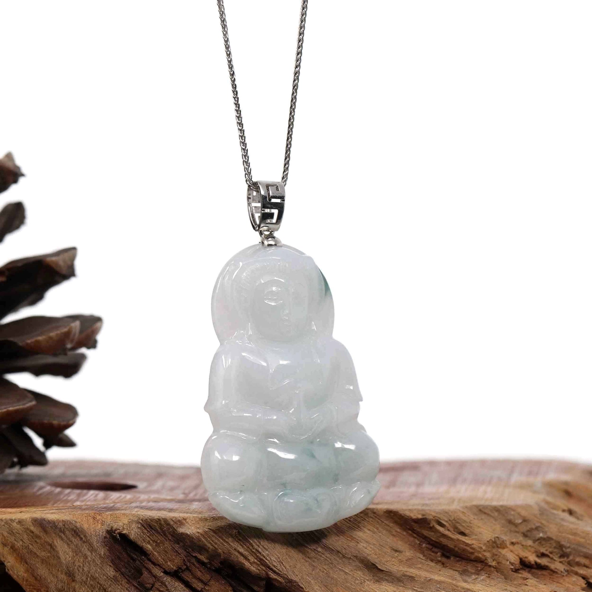 Baikalla Jewelry Jade Guanyin Pendant Necklace Copy of Copy of Copy of Copy of Copy of "Goddess of Compassion" Genuine Burmese Ice Blue Jadeite Jade Guanyin Necklace With Good Luck Design Sterling Silver Bail