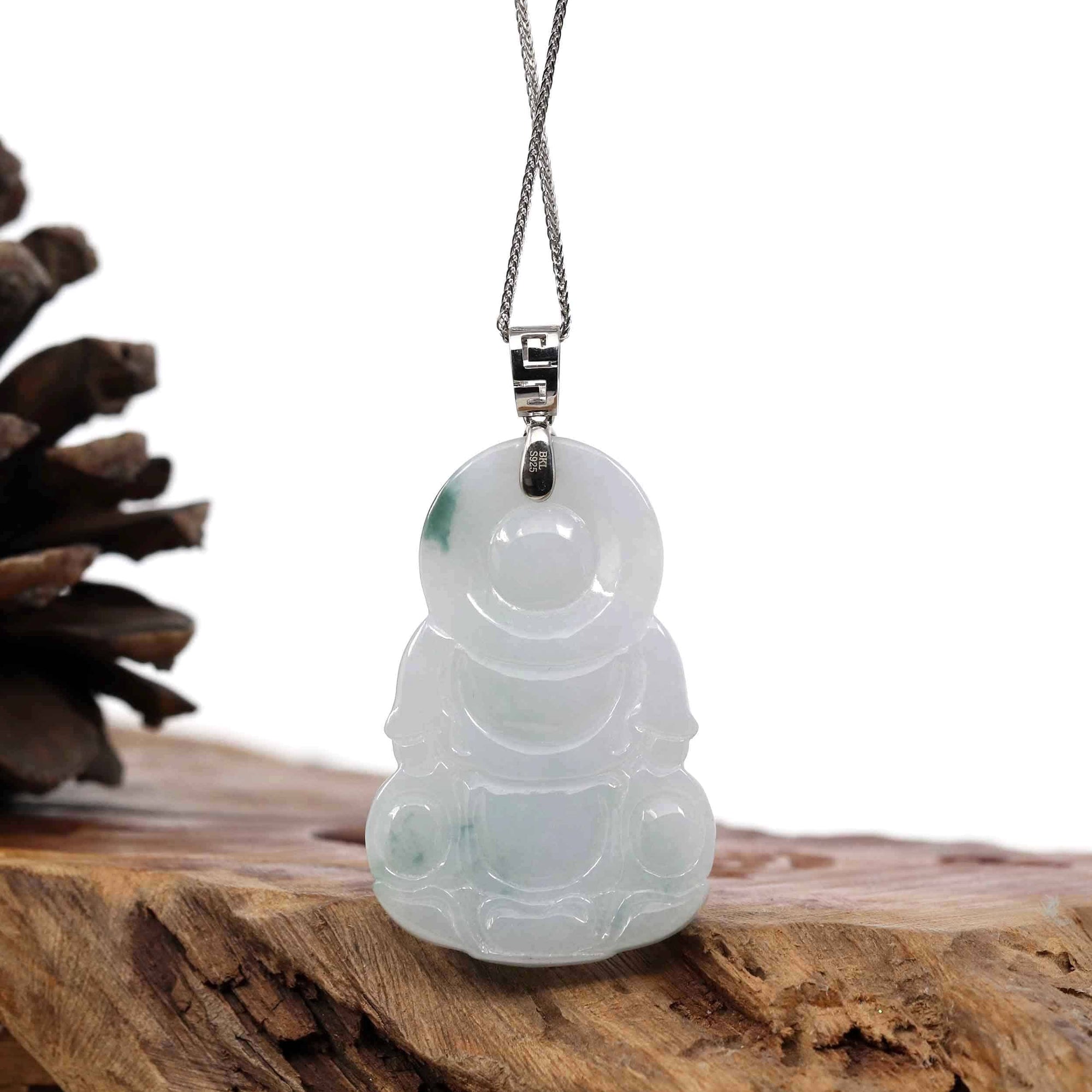 Baikalla Jewelry Jade Guanyin Pendant Necklace Copy of Copy of Copy of Copy of Copy of "Goddess of Compassion" Genuine Burmese Ice Blue Jadeite Jade Guanyin Necklace With Good Luck Design Sterling Silver Bail