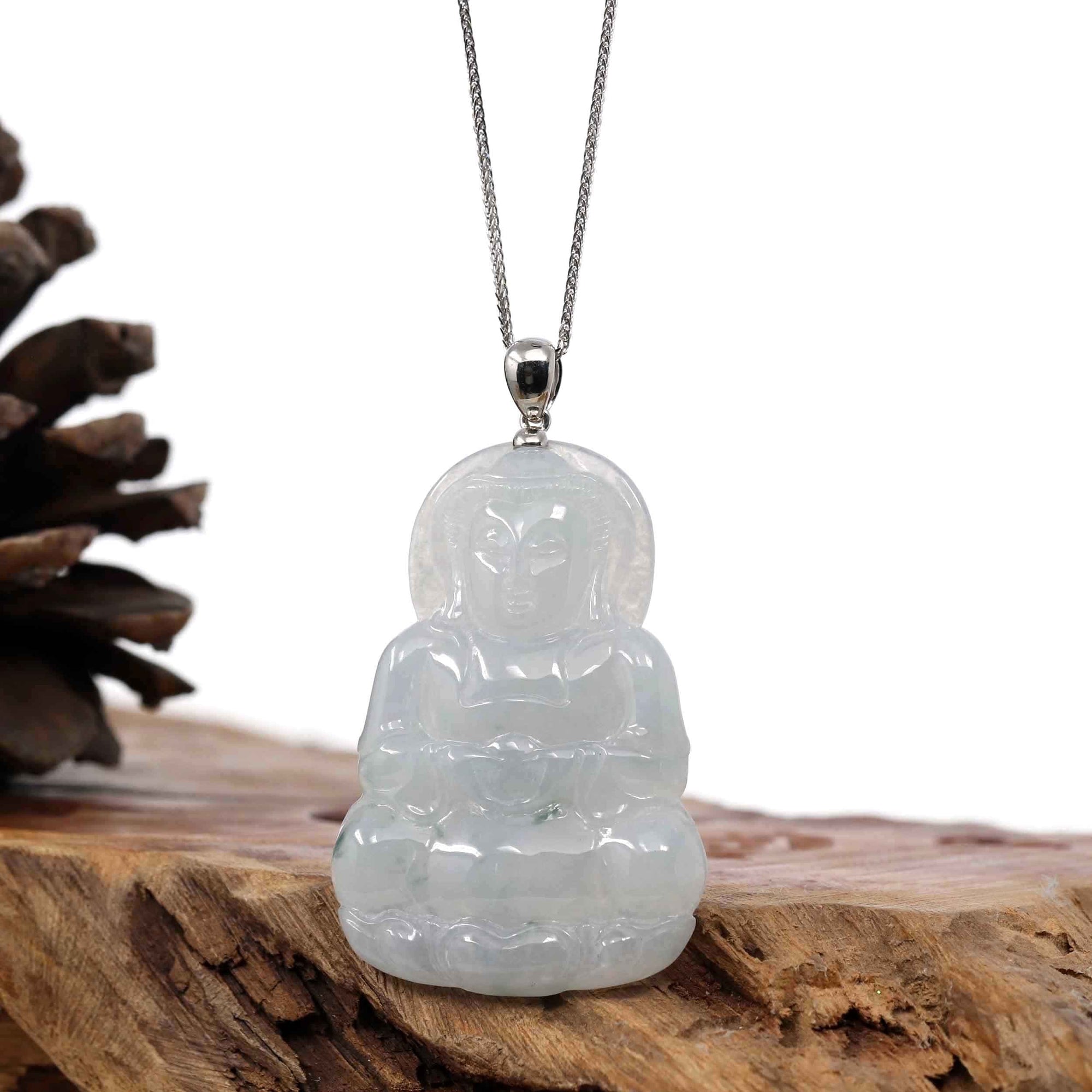 Baikalla Jewelry Jade Guanyin Pendant Necklace Copy of Copy of Copy of &quot;Goddess of Compassion&quot; Genuine Burmese Ice Blue Jadeite Jade Guanyin Necklace With Good Luck Design Sterling Silver Bail