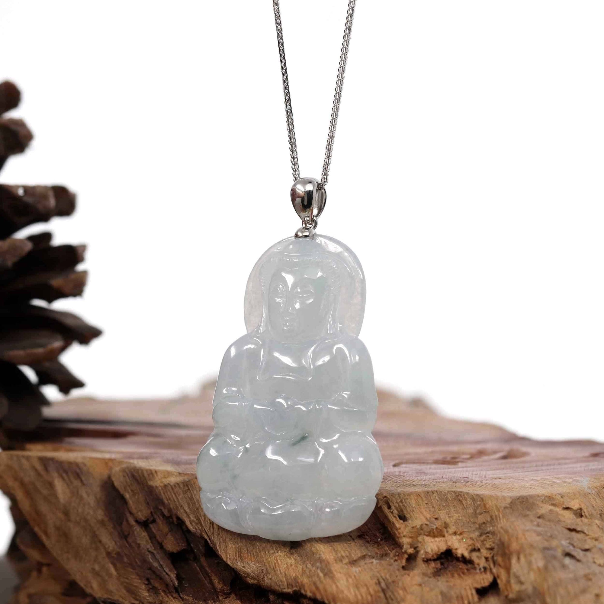 Baikalla Jewelry Jade Guanyin Pendant Necklace Copy of Copy of Copy of &quot;Goddess of Compassion&quot; Genuine Burmese Ice Blue Jadeite Jade Guanyin Necklace With Good Luck Design Sterling Silver Bail