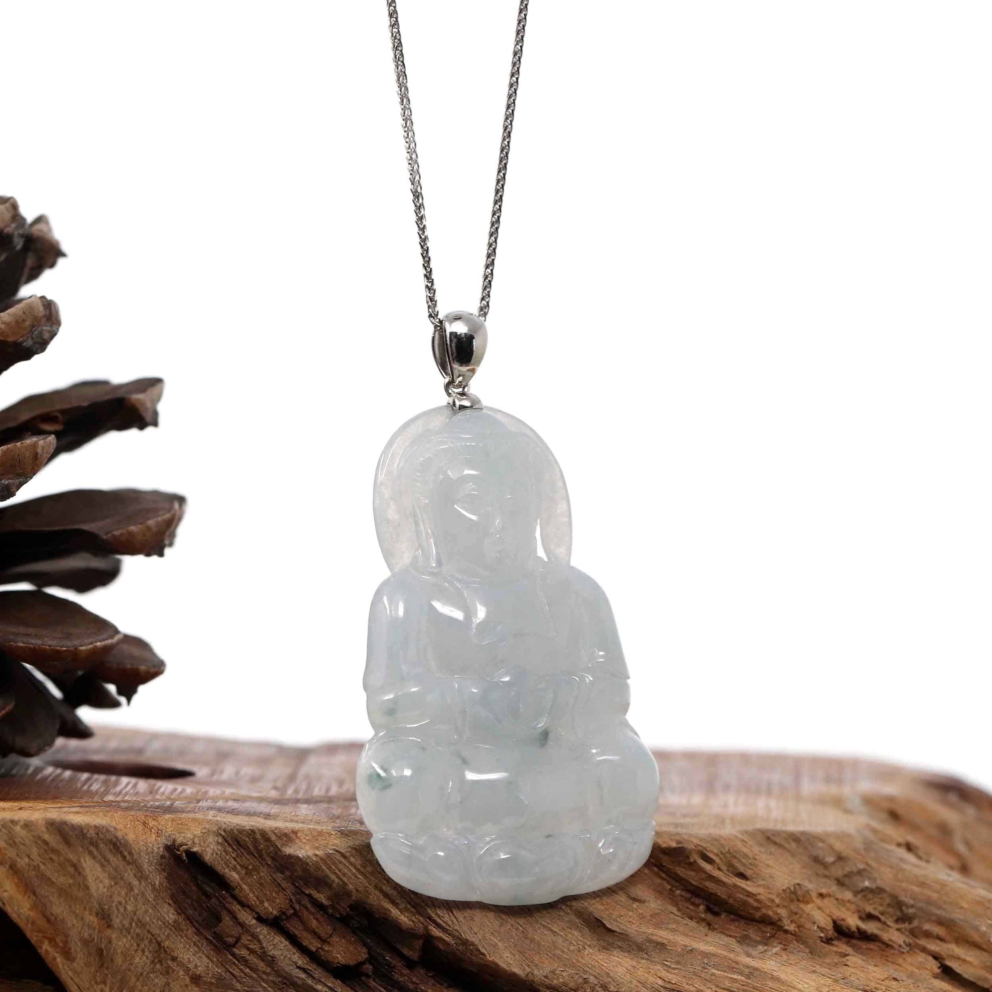 Baikalla Jewelry Jade Guanyin Pendant Necklace Copy of Copy of Copy of "Goddess of Compassion" Genuine Burmese Ice Blue Jadeite Jade Guanyin Necklace With Good Luck Design Sterling Silver Bail