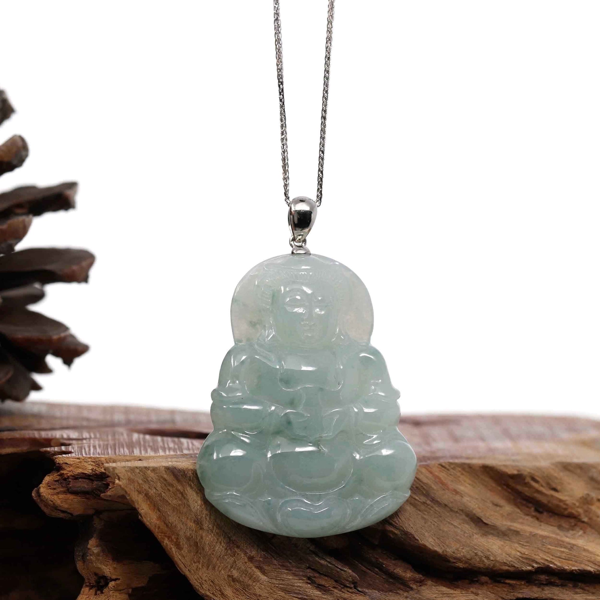 Baikalla Jewelry Jade Guanyin Pendant Necklace Copy of "Goddess of Compassion" Genuine Burmese Ice Blue Jadeite Jade Guanyin Necklace With Good Luck Design Sterling Silver Bail