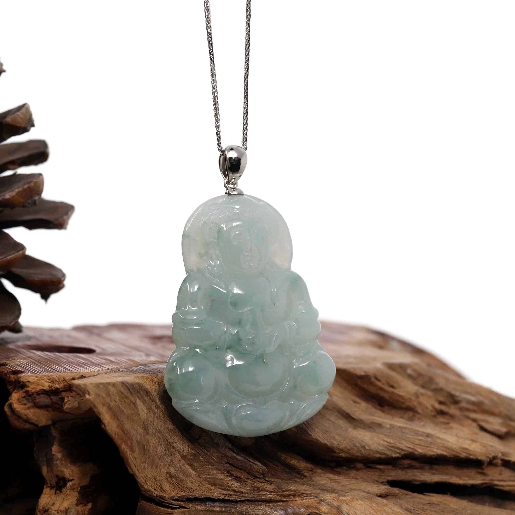 Baikalla Jewelry Jade Guanyin Pendant Necklace Copy of "Goddess of Compassion" Genuine Burmese Ice Blue Jadeite Jade Guanyin Necklace With Good Luck Design Sterling Silver Bail