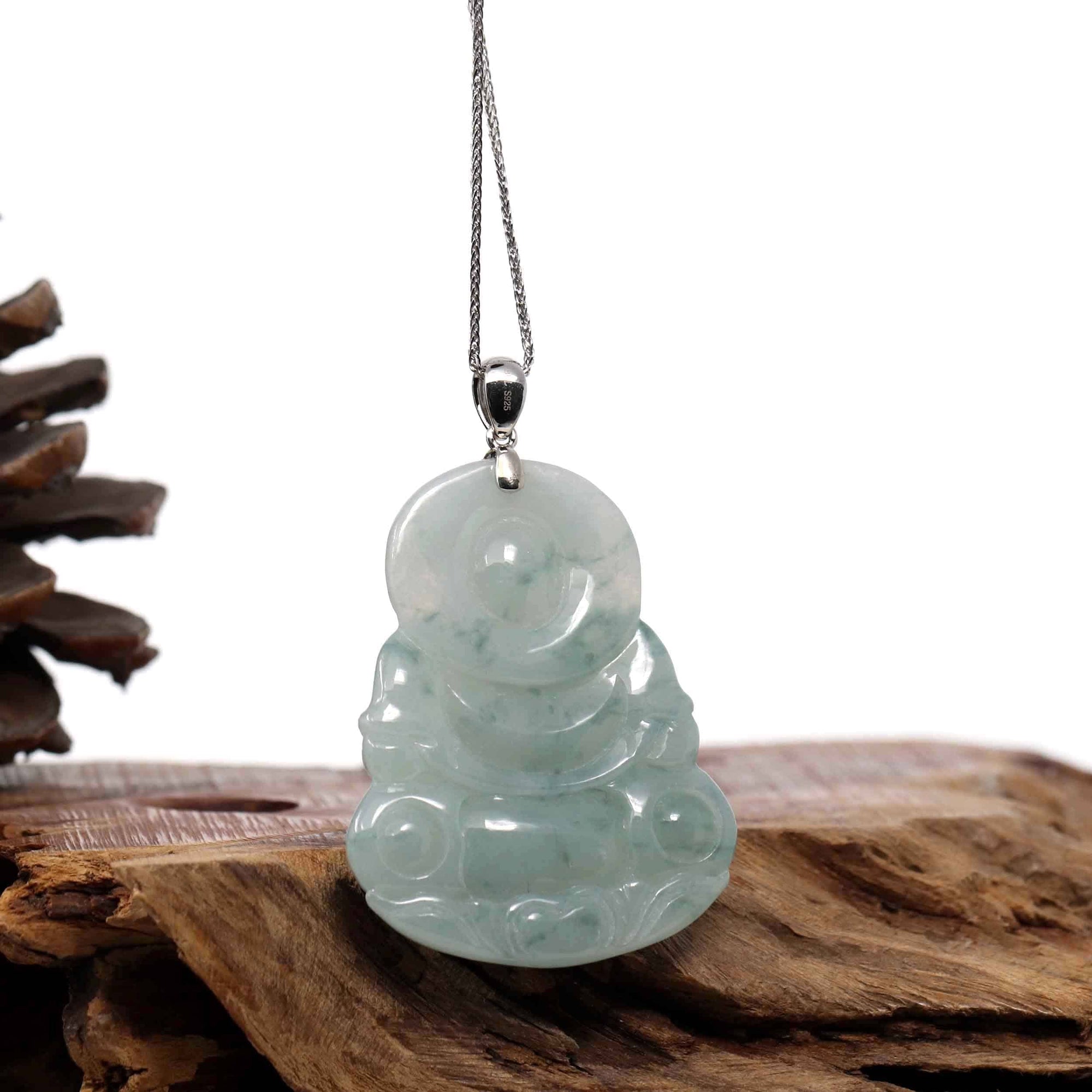 Baikalla Jewelry Jade Guanyin Pendant Necklace Copy of "Goddess of Compassion" Genuine Burmese Ice Blue Jadeite Jade Guanyin Necklace With Good Luck Design Sterling Silver Bail