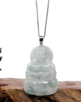 Baikalla Jewelry Jade Guanyin Pendant Necklace Copy of Copy of "Goddess of Compassion" Genuine Burmese Ice Blue Jadeite Jade Guanyin Necklace With Good Luck Design Sterling Silver Bail