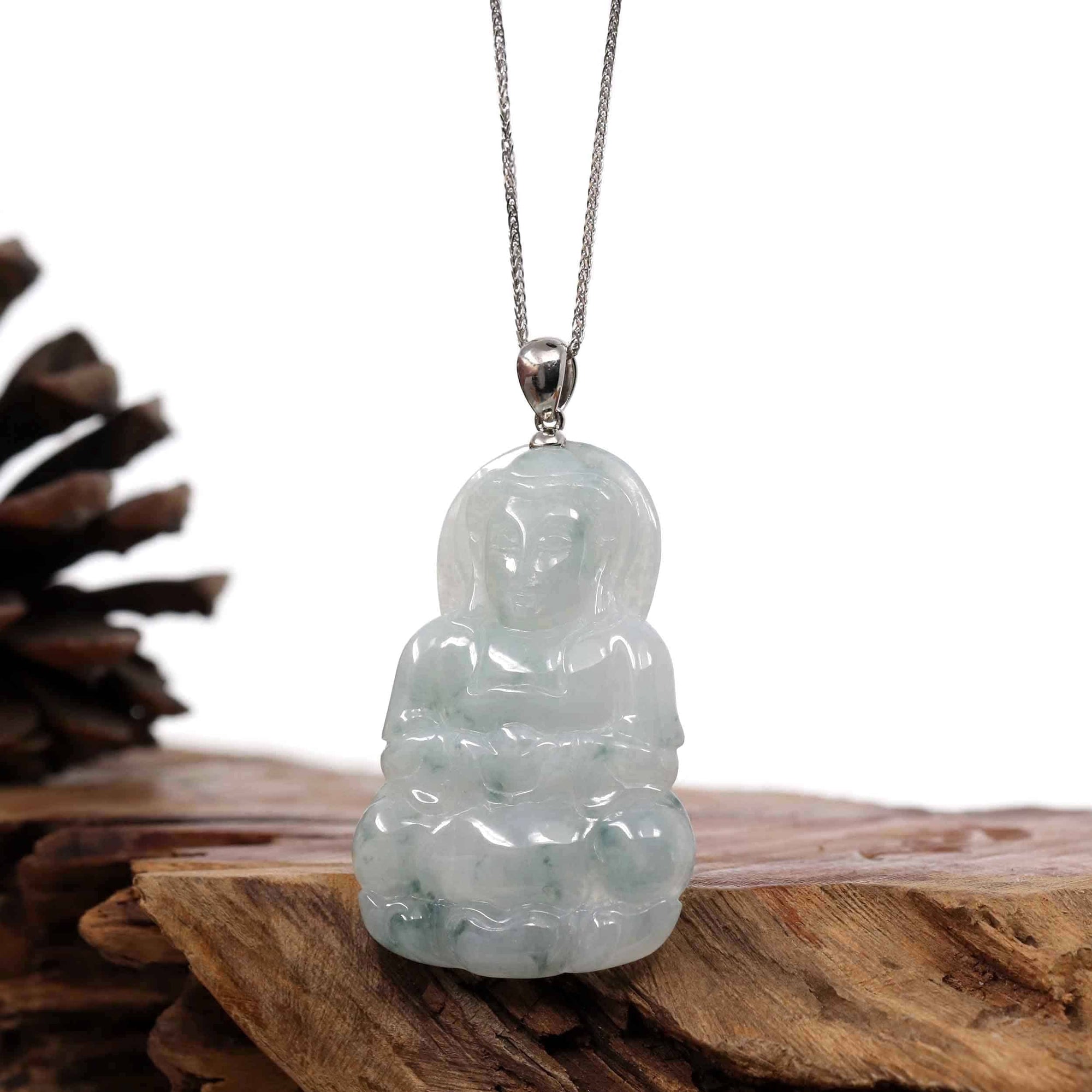 Baikalla Jewelry Jade Guanyin Pendant Necklace Copy of Copy of "Goddess of Compassion" Genuine Burmese Ice Blue Jadeite Jade Guanyin Necklace With Good Luck Design Sterling Silver Bail