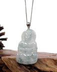 Baikalla Jewelry Jade Guanyin Pendant Necklace Copy of Copy of "Goddess of Compassion" Genuine Burmese Ice Blue Jadeite Jade Guanyin Necklace With Good Luck Design Sterling Silver Bail