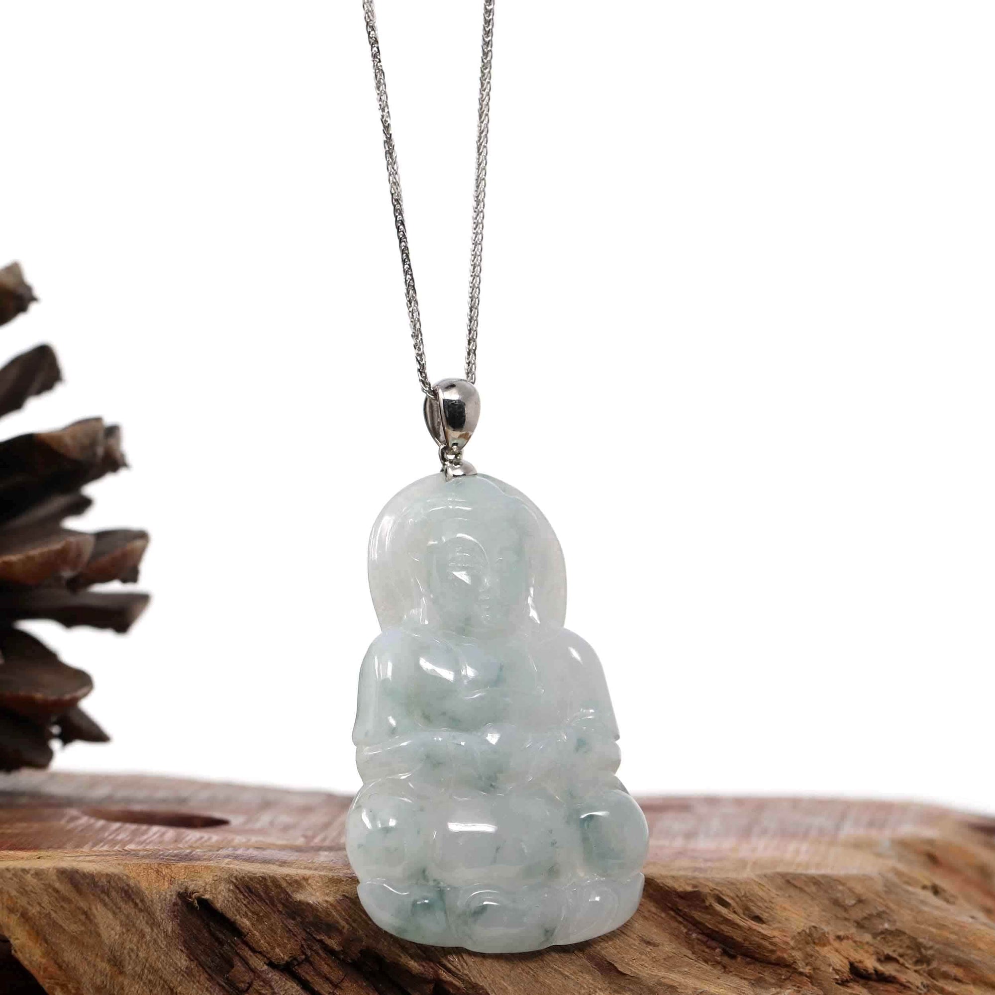 Baikalla Jewelry Jade Guanyin Pendant Necklace Copy of Copy of "Goddess of Compassion" Genuine Burmese Ice Blue Jadeite Jade Guanyin Necklace With Good Luck Design Sterling Silver Bail