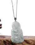 Baikalla Jewelry Jade Guanyin Pendant Necklace Copy of Copy of "Goddess of Compassion" Genuine Burmese Ice Blue Jadeite Jade Guanyin Necklace With Good Luck Design Sterling Silver Bail