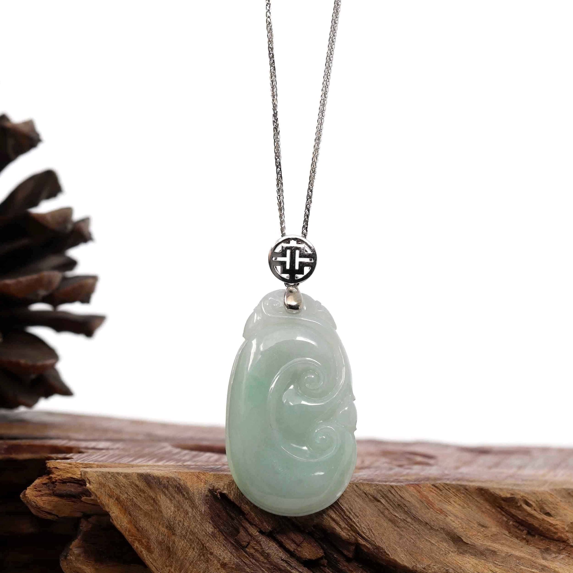 Baikalla Jewelry Jade Guanyin Pendant Necklace Copy of Copy of Natural Light Green Jadeite Jade Ru Yi Pendant Necklace With Sterling Silver Bail