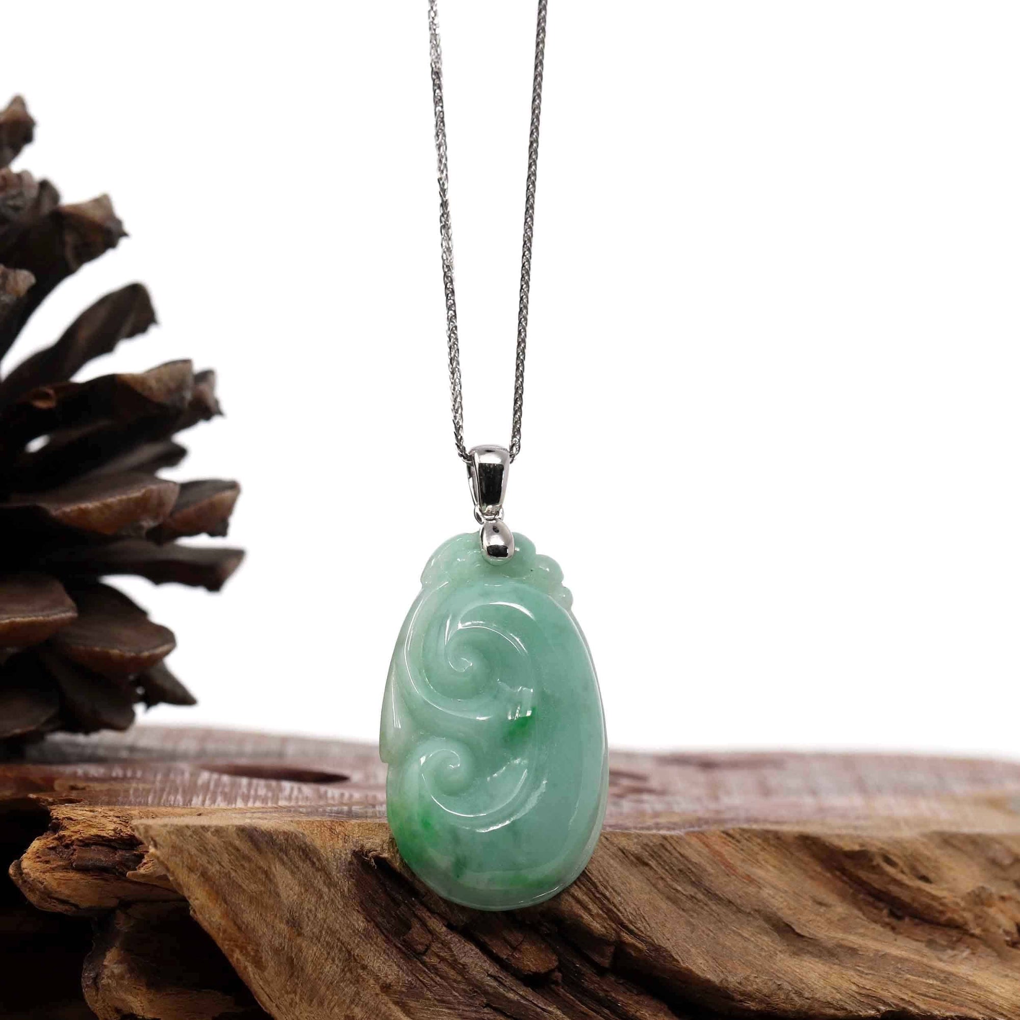 Baikalla Jewelry Jade Guanyin Pendant Necklace Copy of Copy of Copy of Natural Light Green Jadeite Jade Ru Yi Pendant Necklace With Sterling Silver Bail