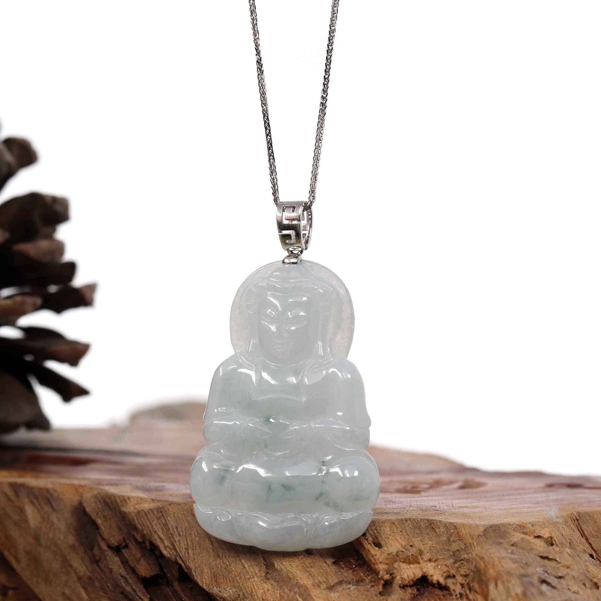 Baikalla Jewelry Jade Guanyin Pendant Necklace Copy of Copy of Copy of Copy of "Goddess of Compassion" Genuine Burmese Ice Blue Jadeite Jade Guanyin Necklace With Good Luck Design Sterling Silver Bail