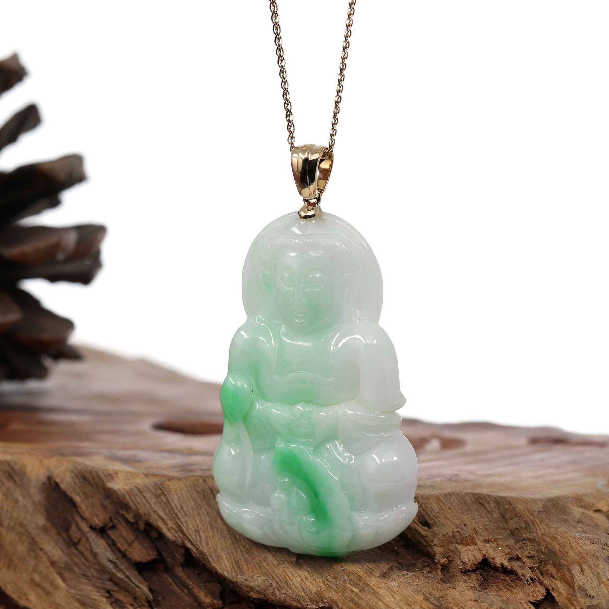 Baikalla Jewelry Jade Guanyin Pendant Necklace Copy of "Goddess of Compassion" 14k Yellow Gold Genuine Burmese Jadeite Jade Guanyin Necklace With Good Luck Design