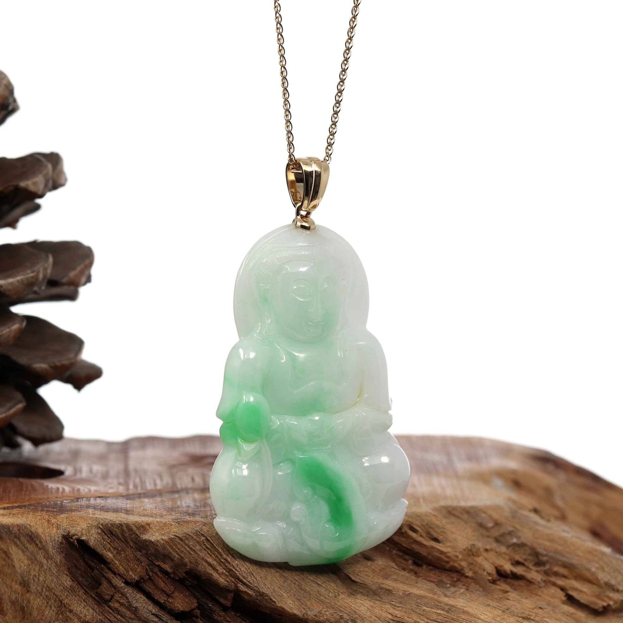 Baikalla Jewelry Jade Guanyin Pendant Necklace Copy of "Goddess of Compassion" 14k Yellow Gold Genuine Burmese Jadeite Jade Guanyin Necklace With Good Luck Design