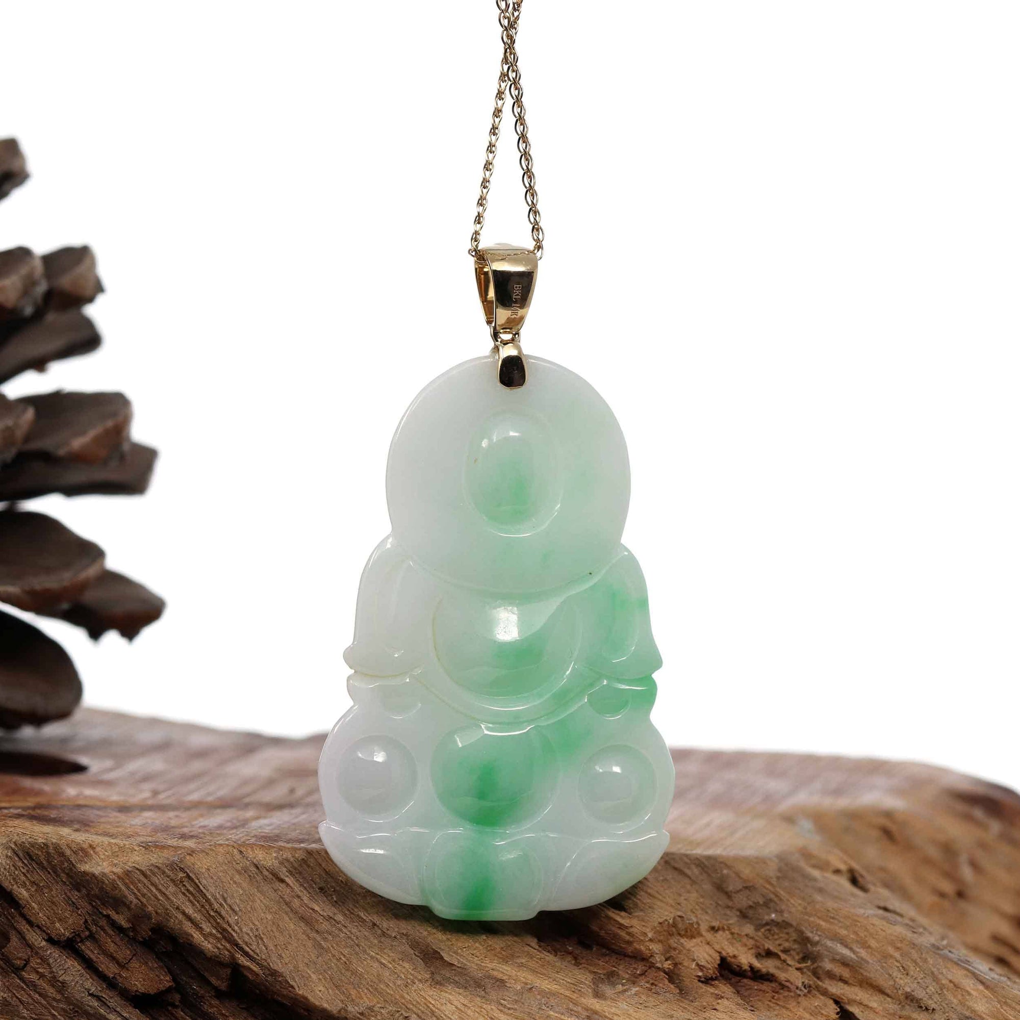 Baikalla Jewelry Jade Guanyin Pendant Necklace Copy of "Goddess of Compassion" 14k Yellow Gold Genuine Burmese Jadeite Jade Guanyin Necklace With Good Luck Design