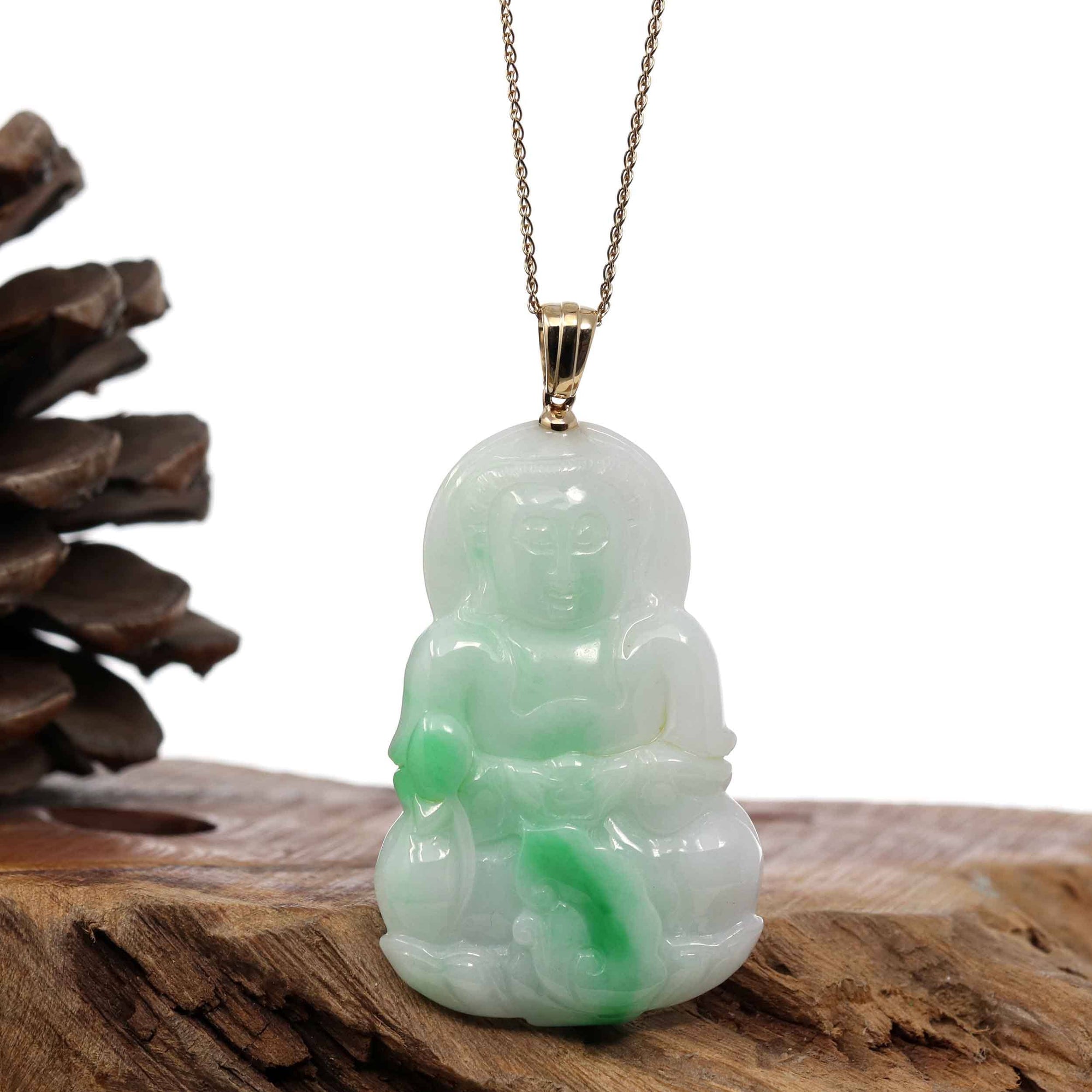 Baikalla Jewelry Jade Guanyin Pendant Necklace Copy of "Goddess of Compassion" 14k Yellow Gold Genuine Burmese Jadeite Jade Guanyin Necklace With Good Luck Design