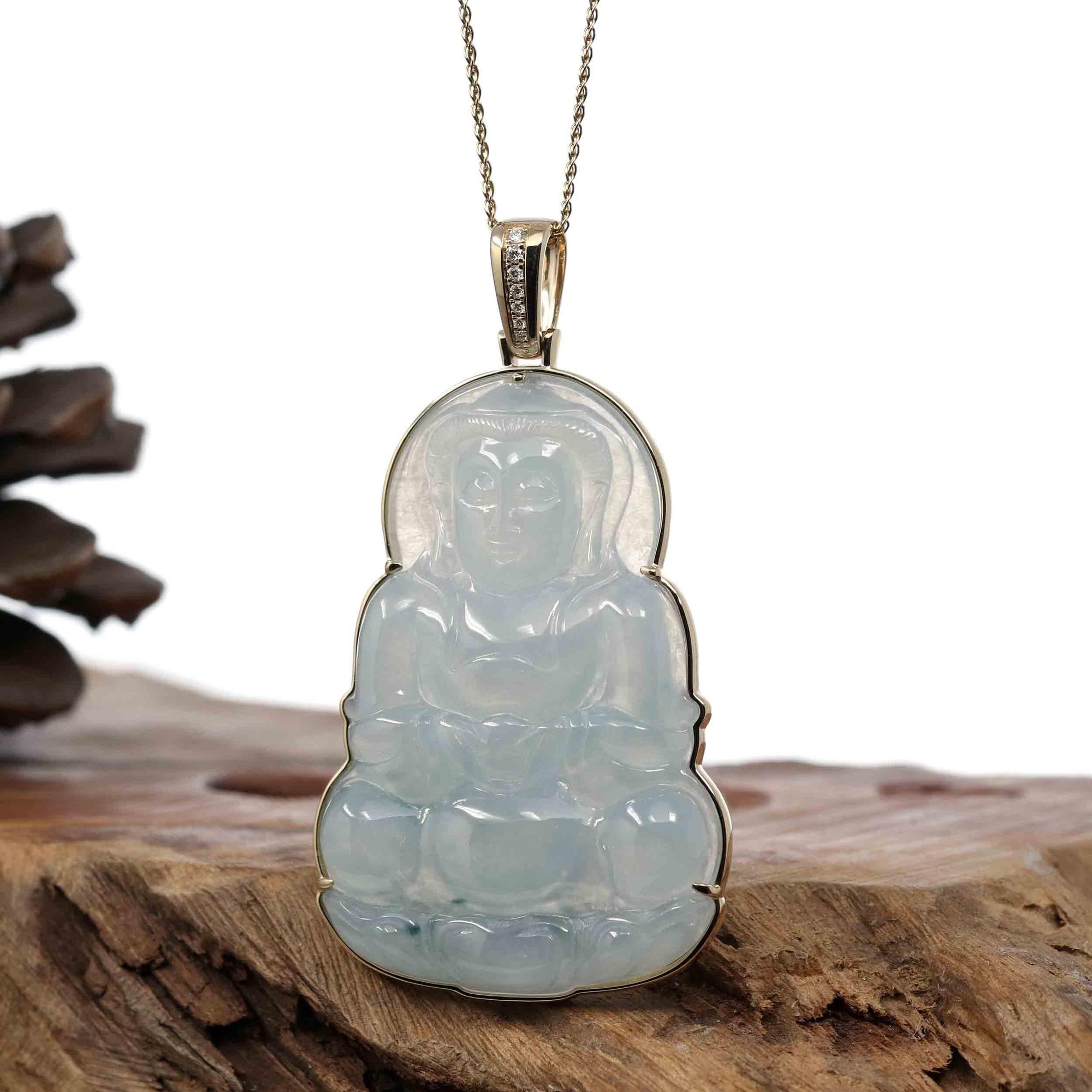 Baikalla Jewelry Jade Guanyin Pendant Necklace Copy of Baikalla 14k "Goddess of Compassion" Genuine Burmese Jadeite Jade Guanyin Necklace With Good Luck Design