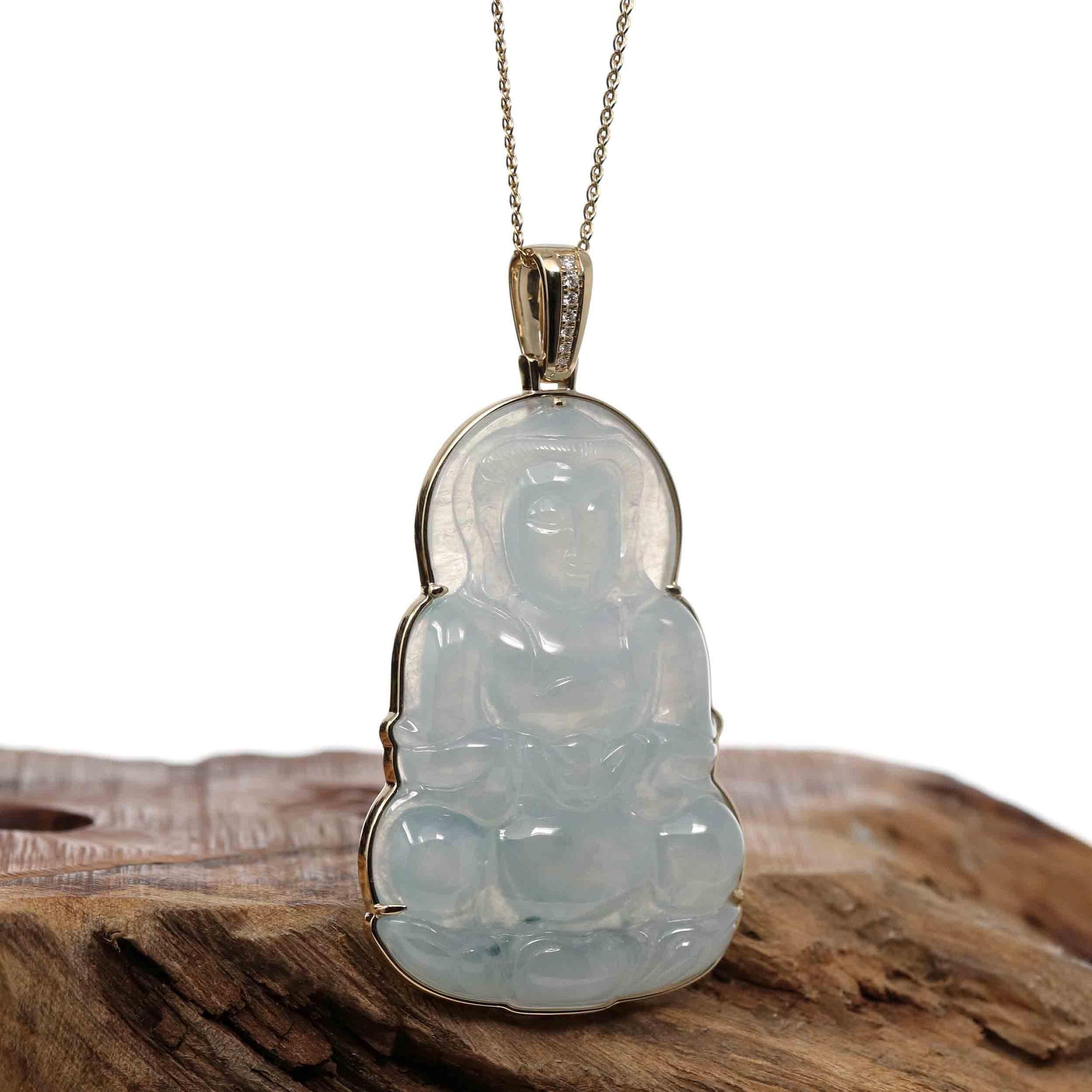 Baikalla Jewelry Jade Guanyin Pendant Necklace Copy of Baikalla 14k "Goddess of Compassion" Genuine Burmese Jadeite Jade Guanyin Necklace With Good Luck Design