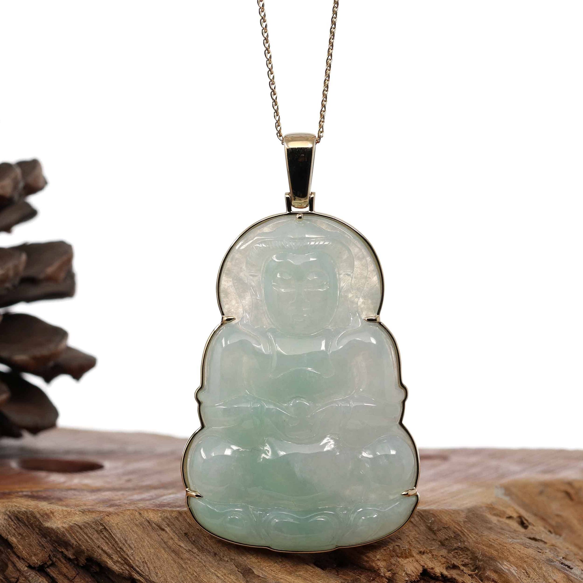 Baikalla Jewelry Jade Guanyin Pendant Necklace Copy of Baikalla 14k "Goddess of Compassion" Genuine Burmese Jadeite Jade Guanyin Necklace