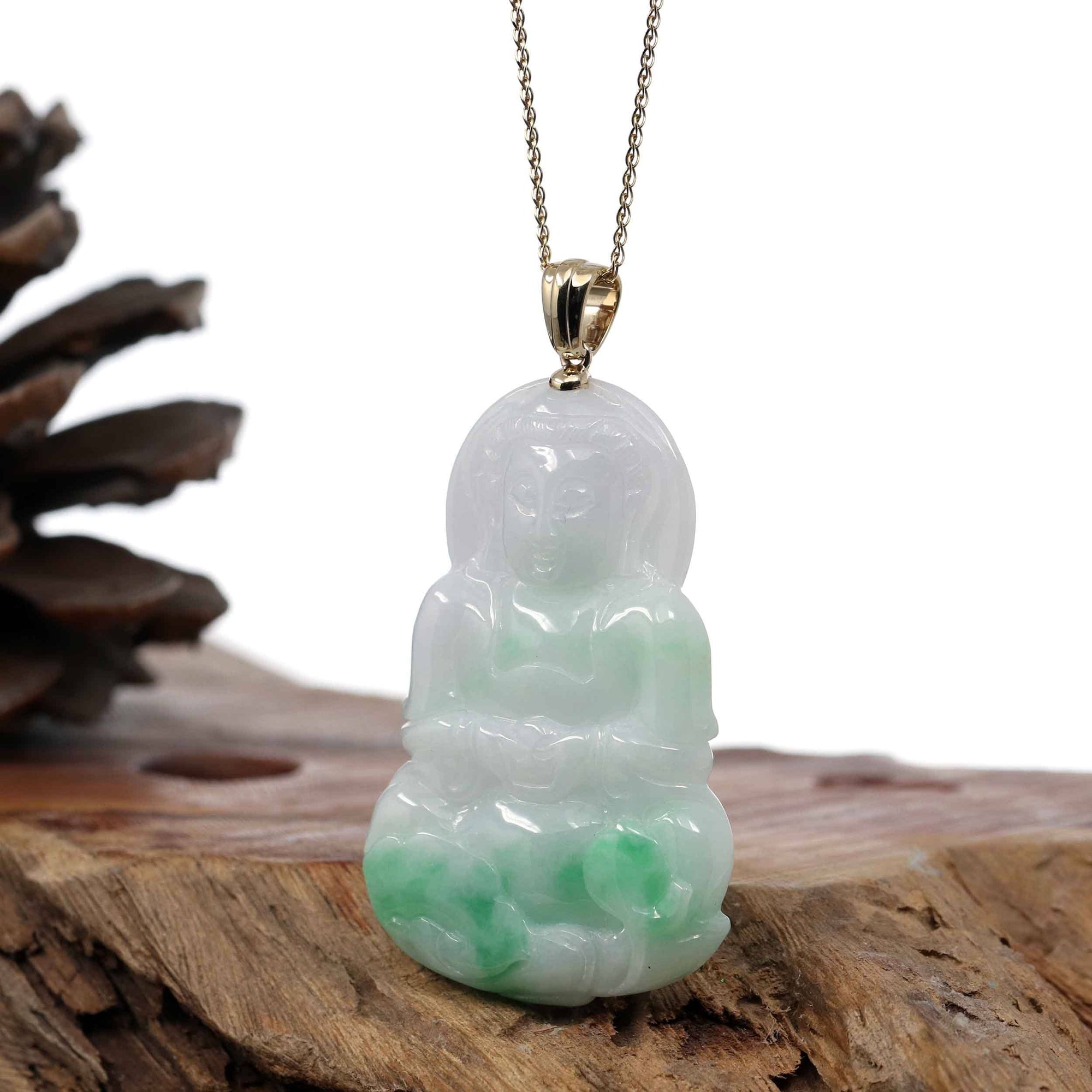 Baikalla Jewelry Jade Guanyin Pendant Necklace Copy of Copy of "Goddess of Compassion" 14k Yellow Gold Genuine Burmese Jadeite Jade Guanyin Necklace With Good Luck Design