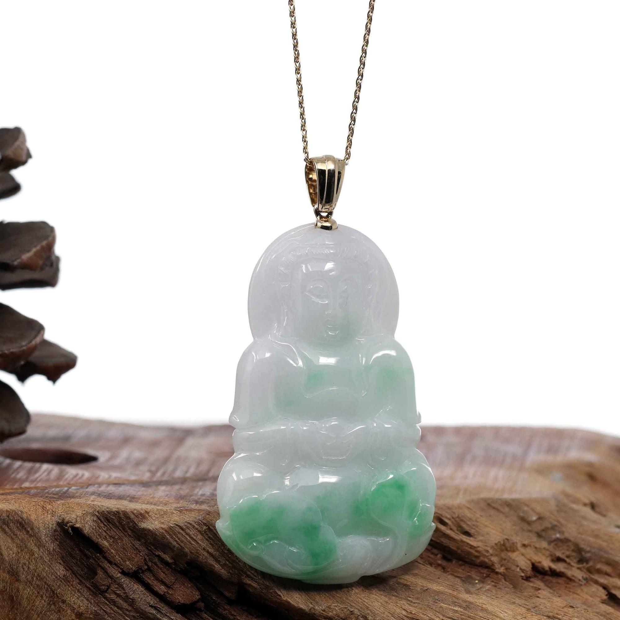 Baikalla Jewelry Jade Guanyin Pendant Necklace Copy of Copy of "Goddess of Compassion" 14k Yellow Gold Genuine Burmese Jadeite Jade Guanyin Necklace With Good Luck Design