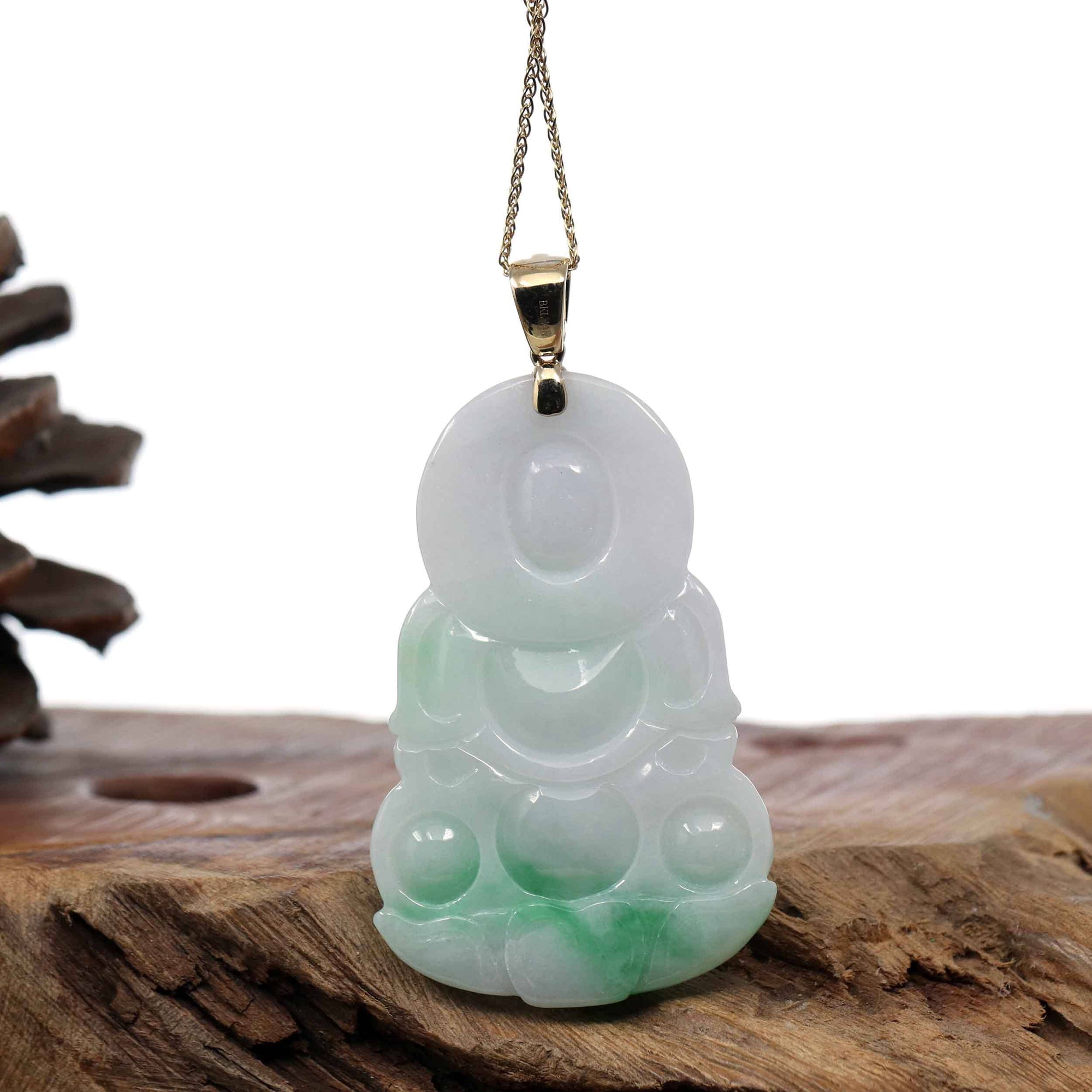 Baikalla Jewelry Jade Guanyin Pendant Necklace Copy of Copy of "Goddess of Compassion" 14k Yellow Gold Genuine Burmese Jadeite Jade Guanyin Necklace With Good Luck Design