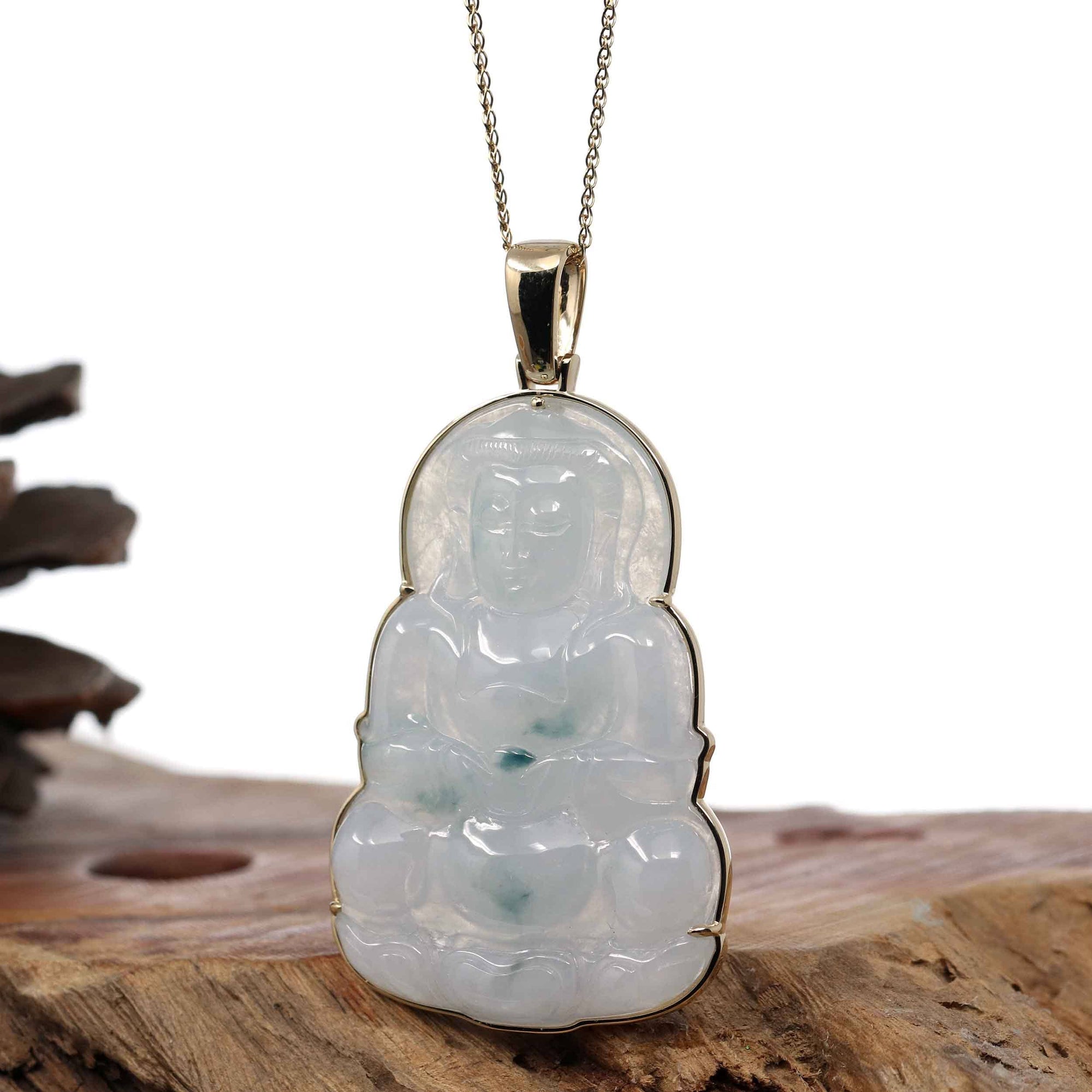 Baikalla Jewelry Jade Guanyin Pendant Necklace Copy of Baikalla 14k "Goddess of Compassion" Genuine Burmese Jadeite Jade Guanyin Necklace With Good Luck Design