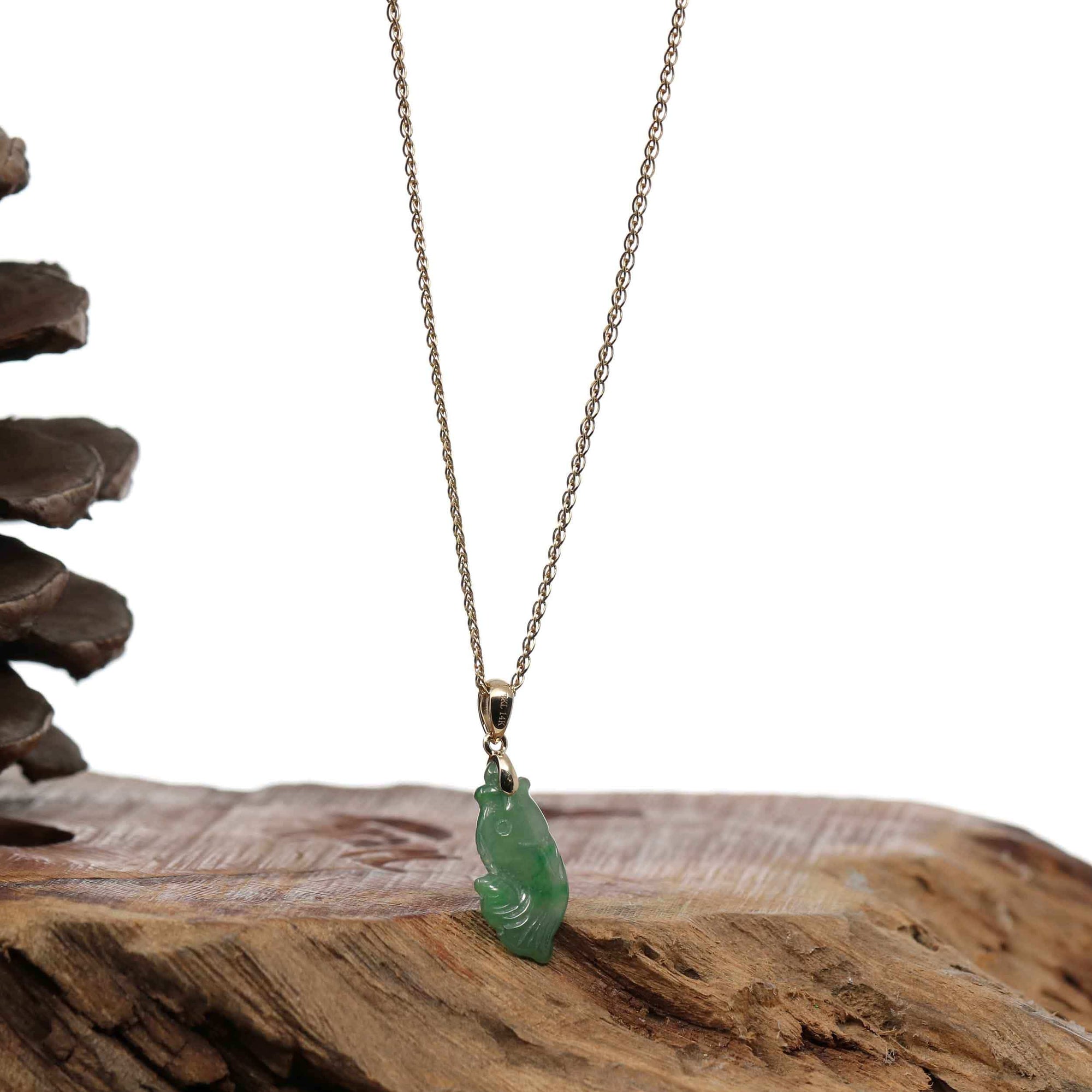 Baikalla Jewelry Jade Pendant Necklace Copy of Copy of Baikalla &quot;Prosperity Every Year (年年有鱼)&quot; Lucky Fish Carving Pendant Necklace Natural Green Jadeite Jade